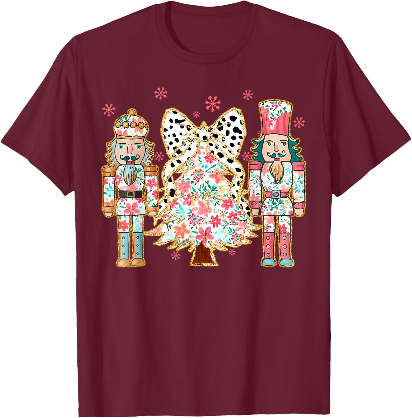 Colorful Coquette Bow Floral Nutcracker Christmas Tree Girly T-Shirt - T-Shirt | Maroon