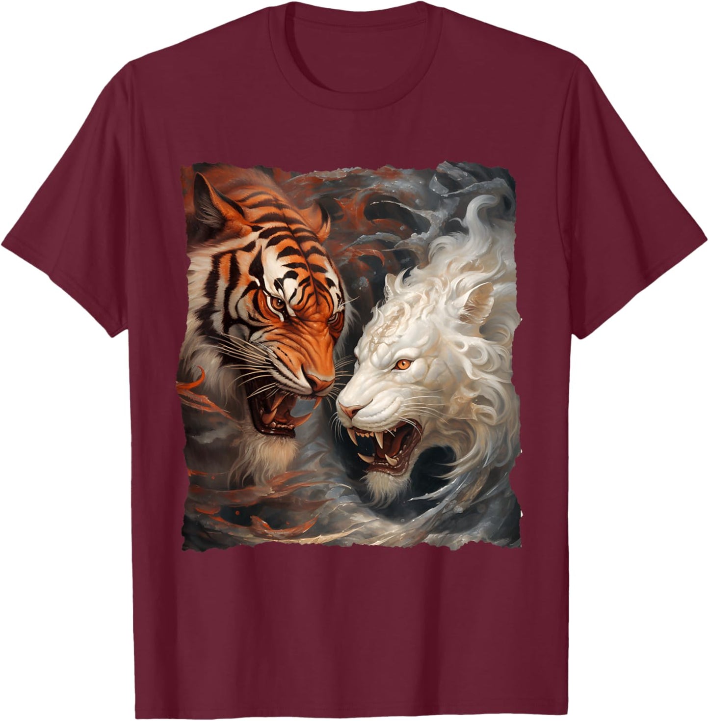 Majestätischer weißer Tiger und intensiver Tiger Fantasy Tattoo-Kunst T-Shirt - T-Shirt | Maroon