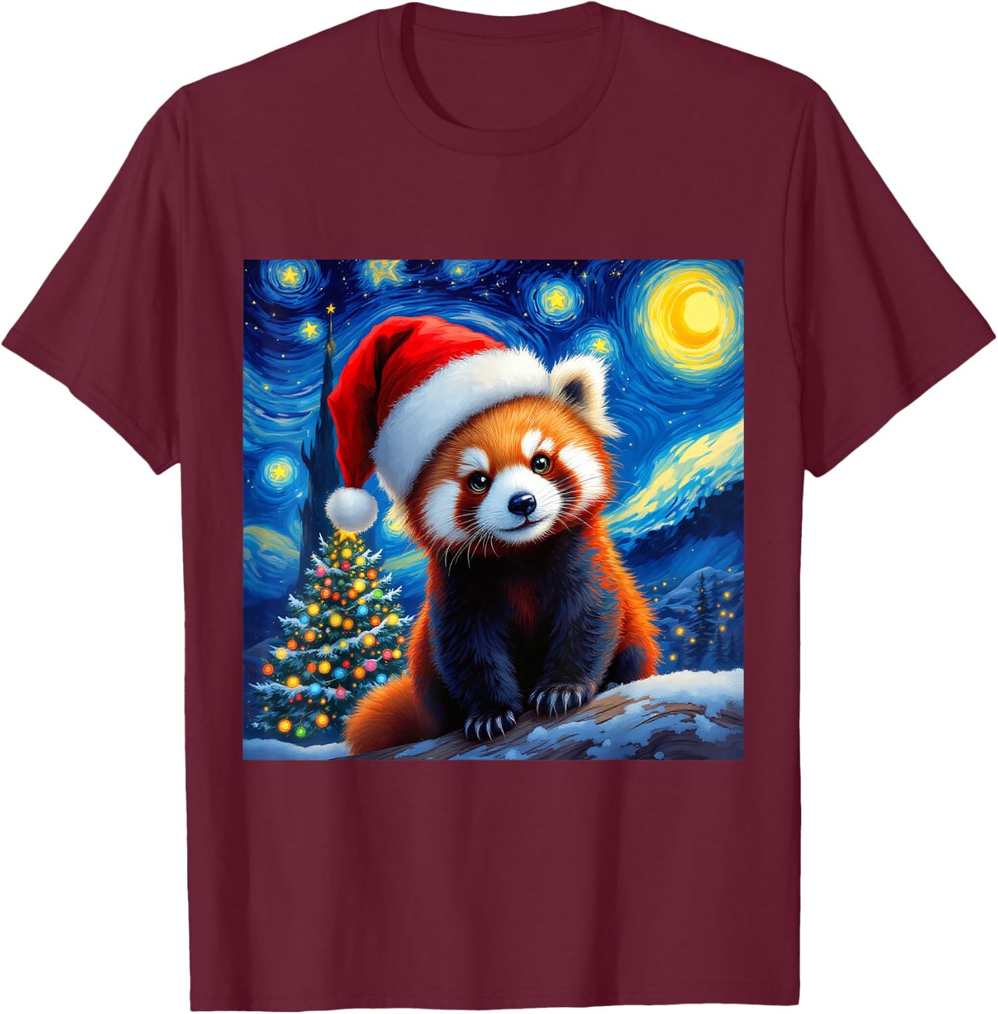 Christmas Red Panda Santa Hat Van Gogh Starry Night Holiday T-Shirt - T-Shirt | Maroon