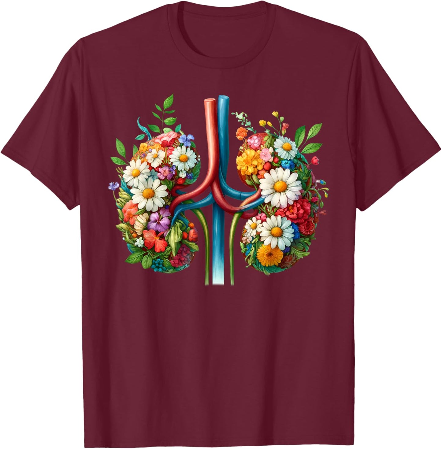 Floral Kidneys Anatomy Medical Art Flower Kidney Surgery T-Shirt - T-Shirt | Maroon