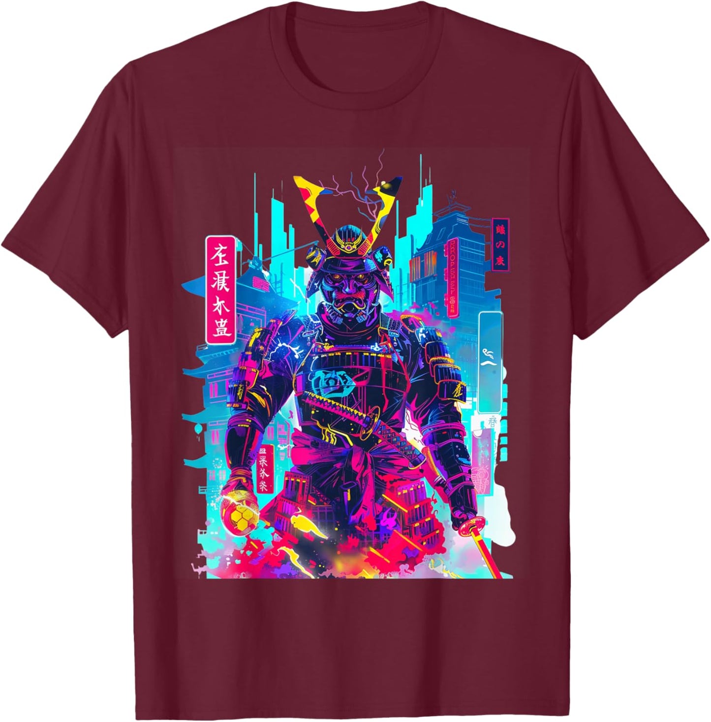 Cyberpunk Neon Samurai Japanese Art T-Shirt - T-Shirt | Maroon