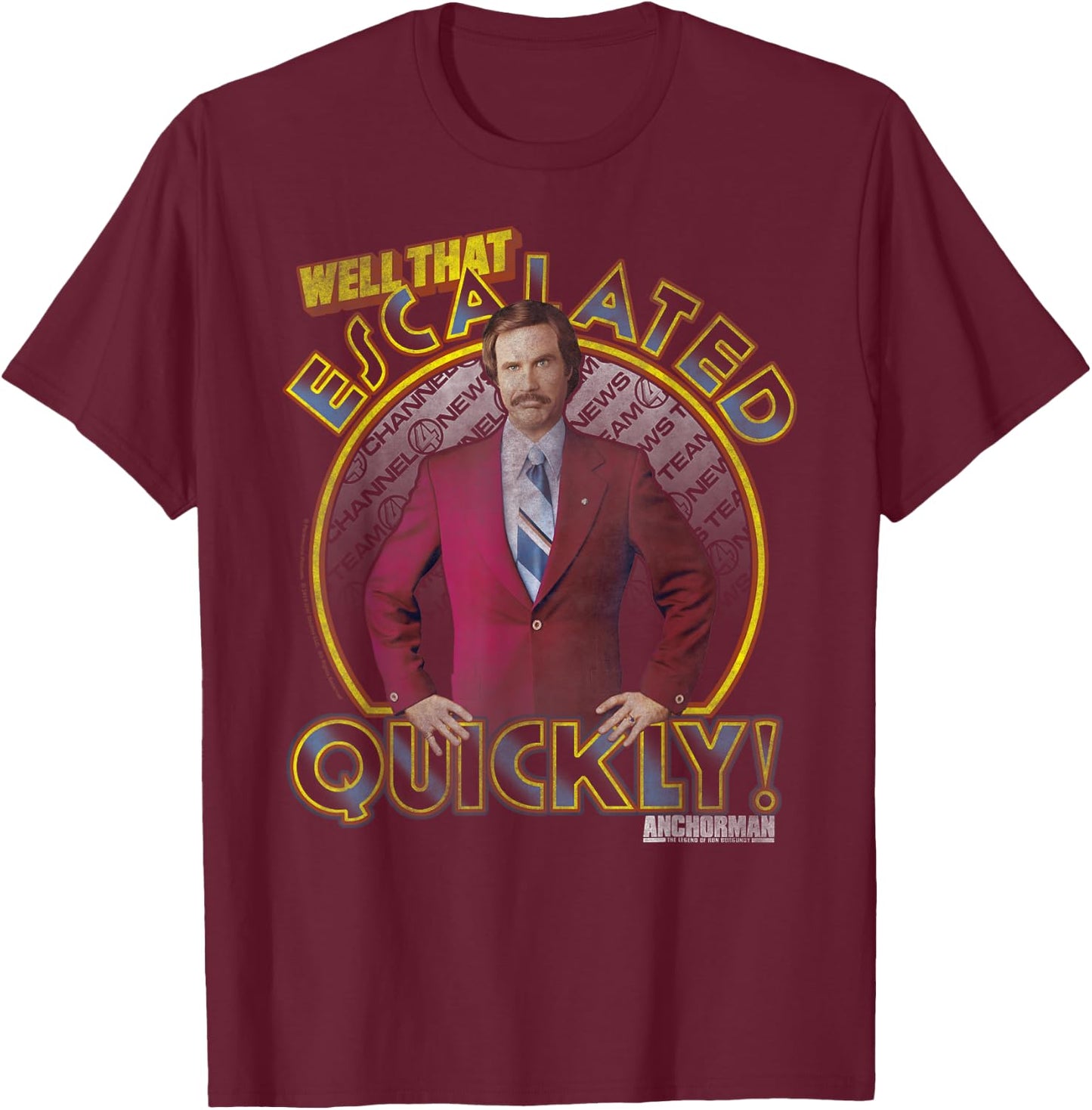 Anchorman Ron Burgundy Escalated Quickly Circle Portrait T-Shirt - T-Shirt | Maroon