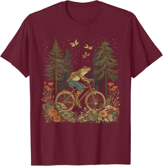 Cottagecore Frog Bicycle Funny Aesthetic Wildflower T-Shirt - T-Shirt | Maroon