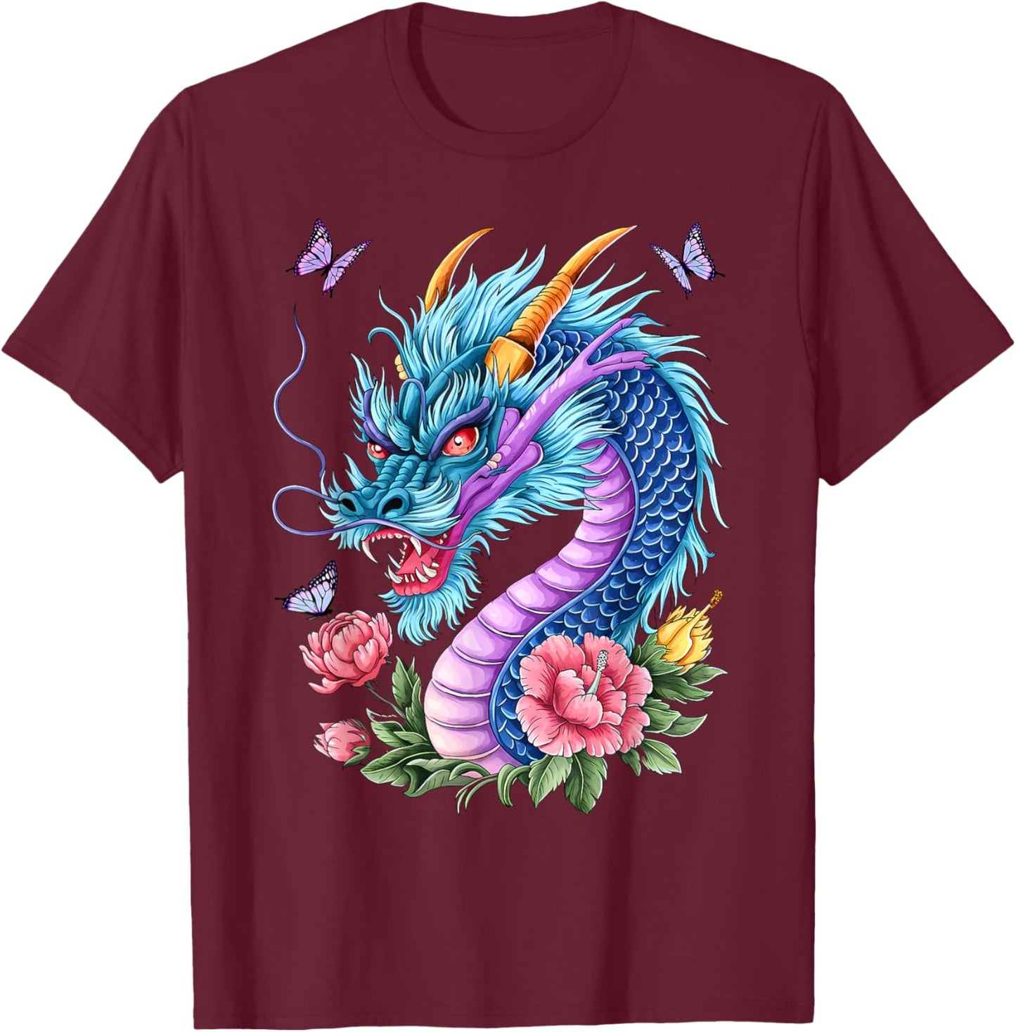 Watercolor Dragon Flowers Beautiful Art Colorful Graphic T-Shirt - T-Shirt | Maroon