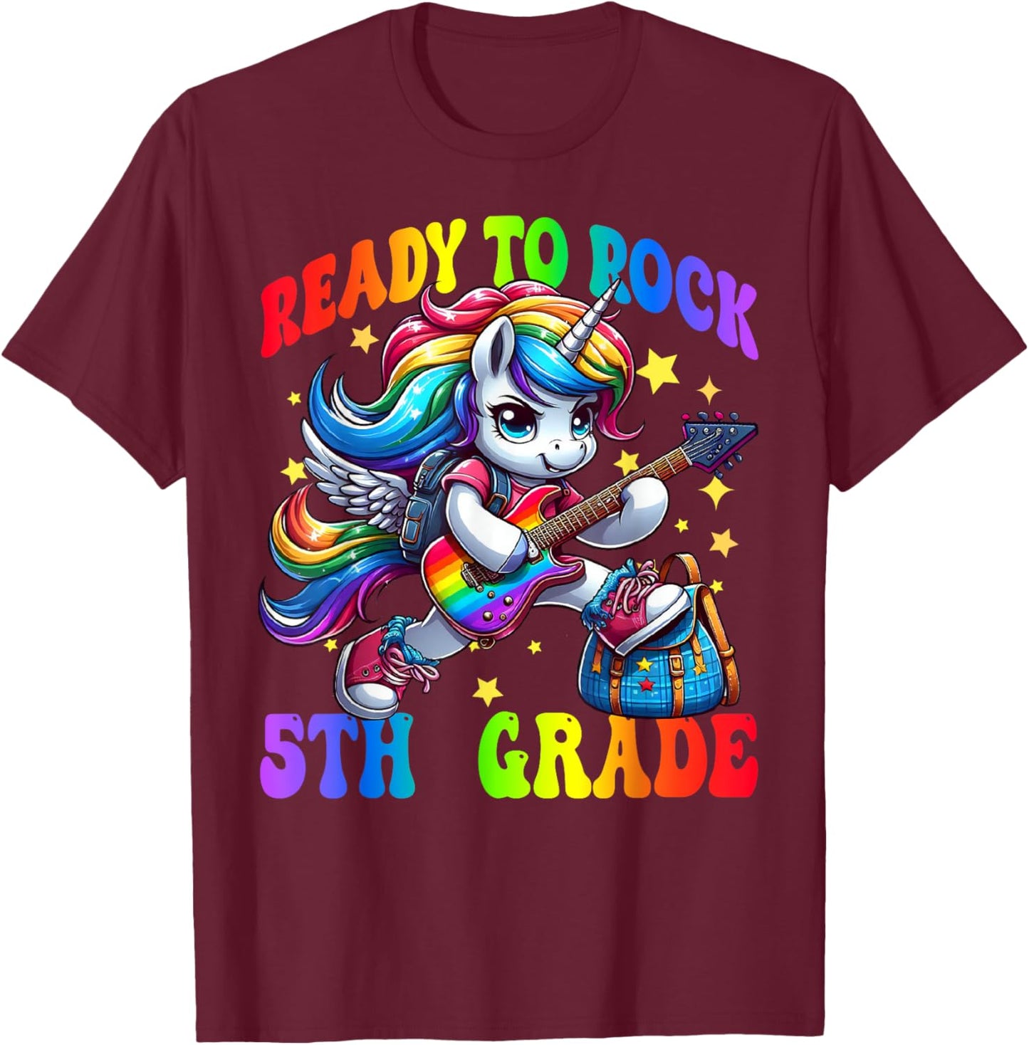 Unicorn Ready To Rock 5th Grade Back To School Rainbow T-Shirt - T-Shirt | Maroon