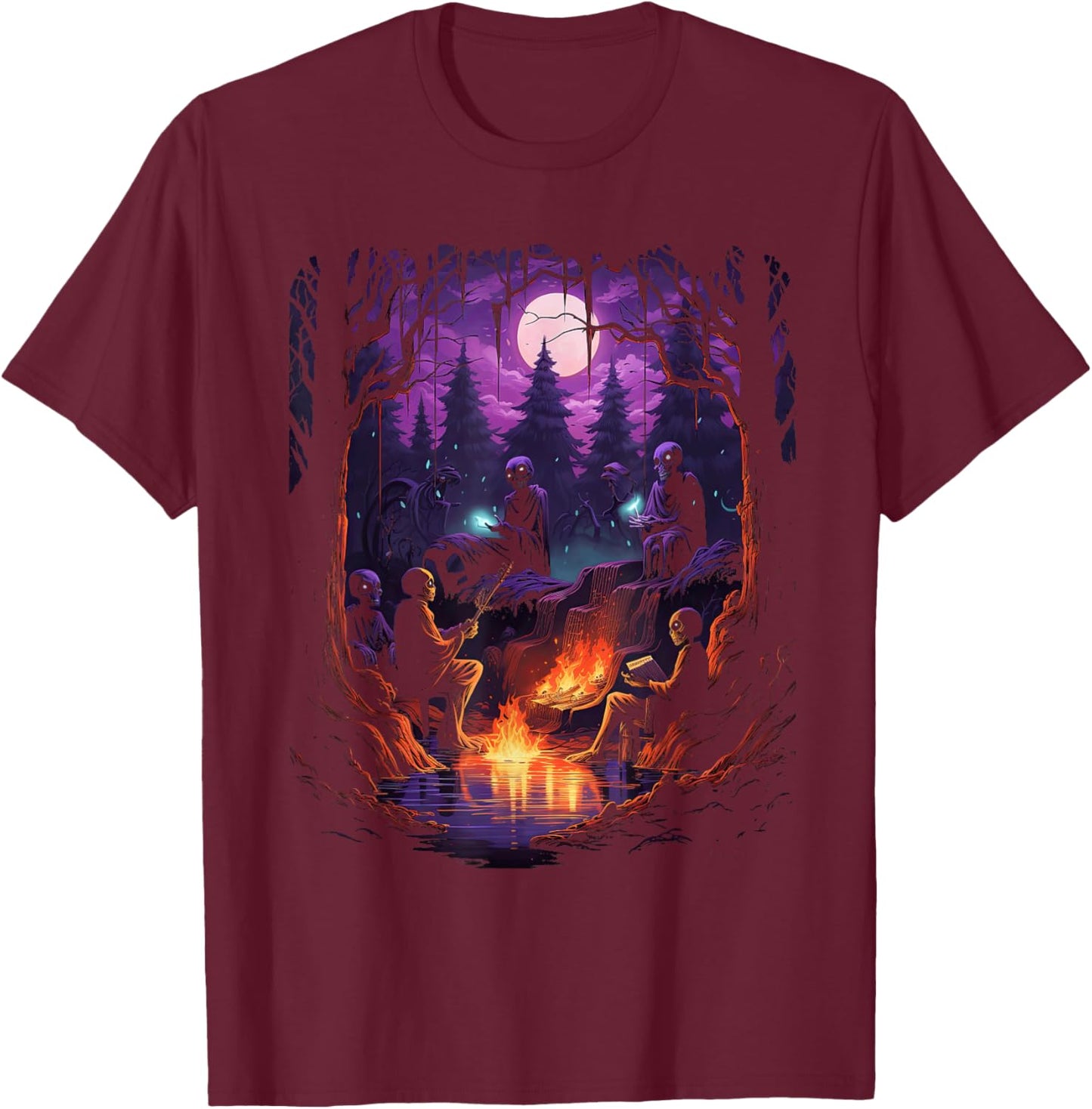 Vintage Ghost and Skeleton by Fire Camping Gothic Halloween T-Shirt - T-Shirt | Maroon