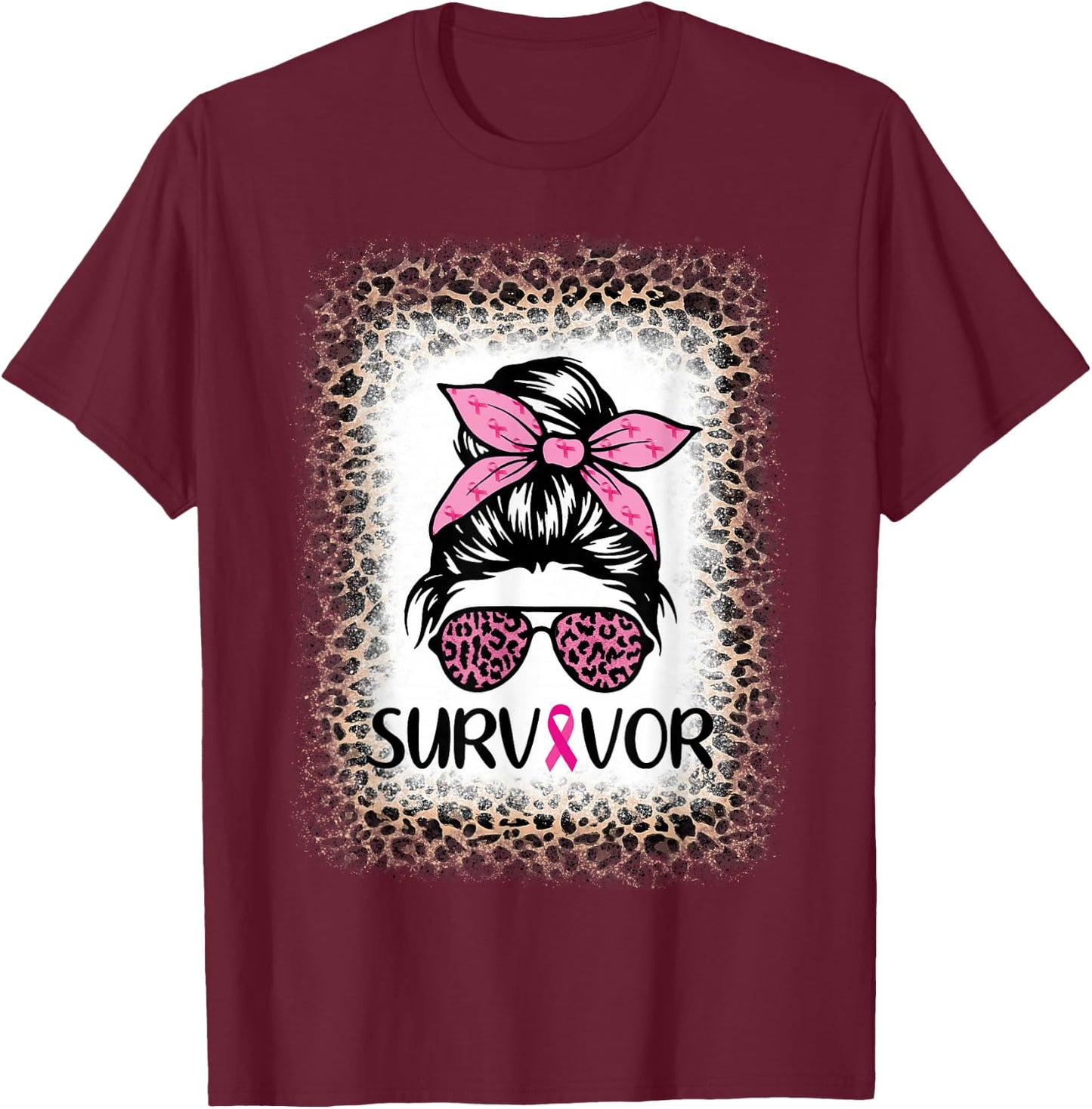 Survivor Breast Cancer Shirts Messy Bun Bleached T-Shirt - T-Shirt | Maroon