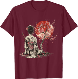 Japanisches Samurai-Mädchen, Sakura, Kirschblüte, japanische Geisha T-Shirt - T-Shirt | Maroon