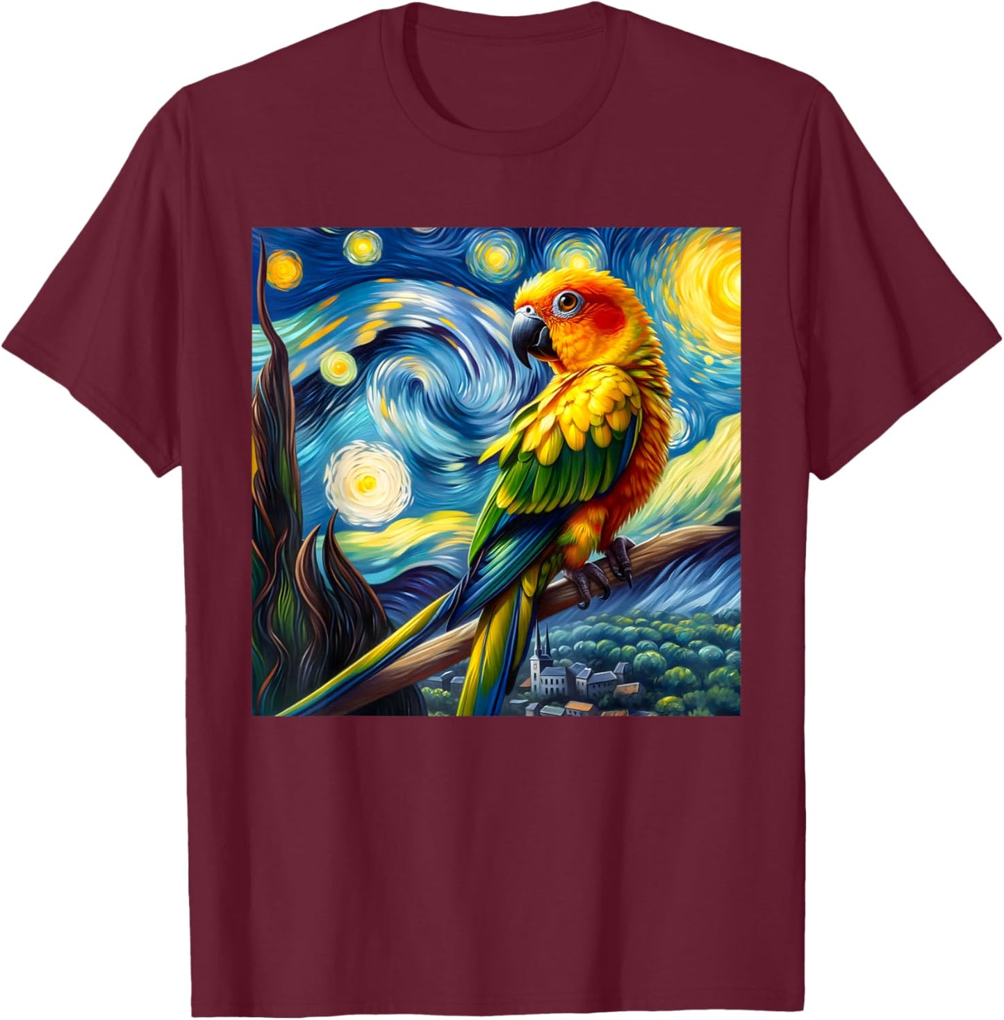Sun Conure Mom Starry Night Sky Art Van Gogh Bird Parrot T-Shirt - T-Shirt | Maroon
