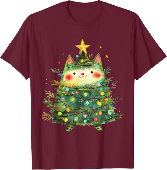 Cat Christmas Tree Pajamas Girls Boys Xmas Lights T-Shirt - T-Shirt | Maroon