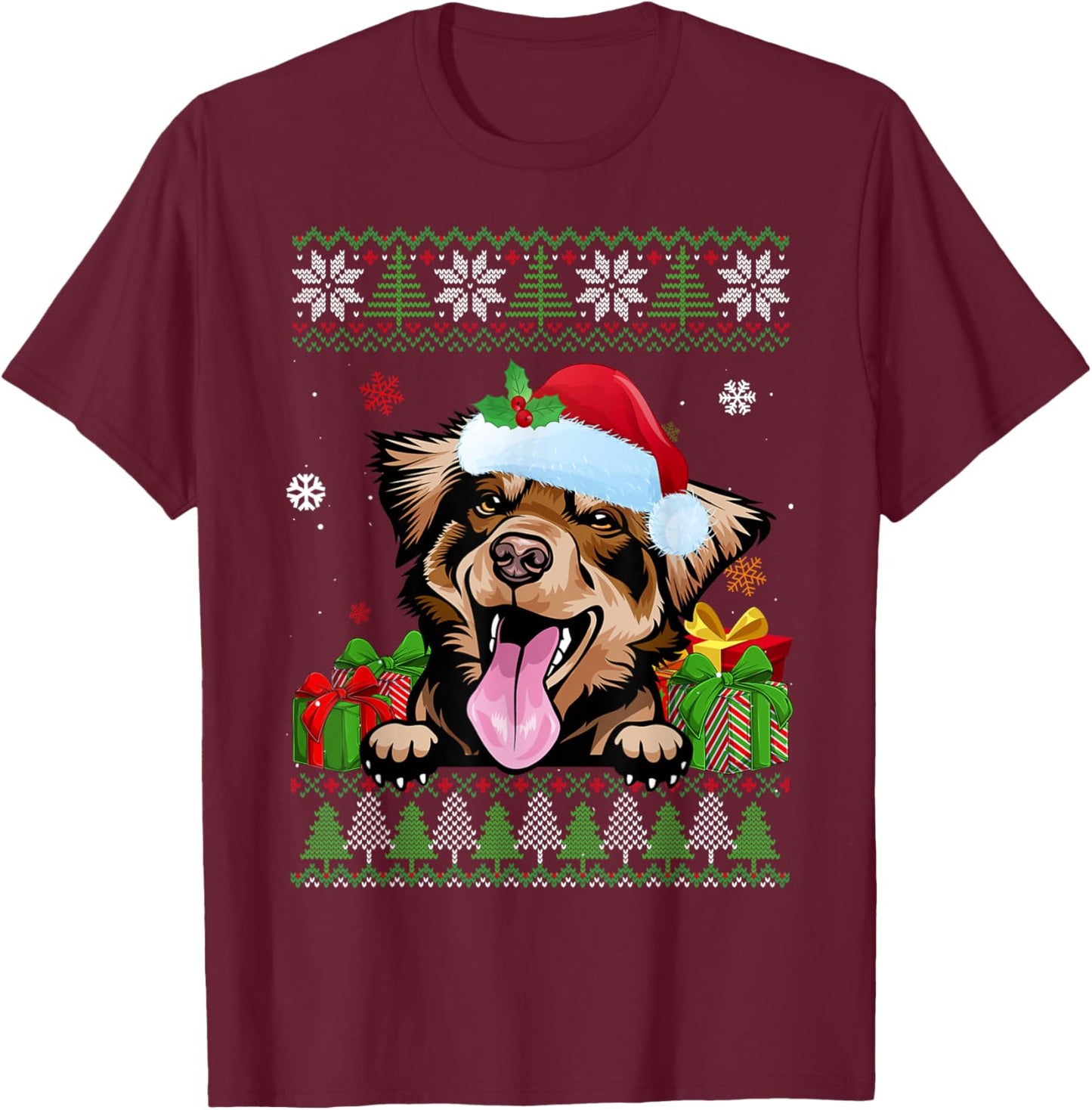 Funny Dog lovers Australian Shepherd Ugly Christmas Sweater T-Shirt - T-Shirt | Maroon