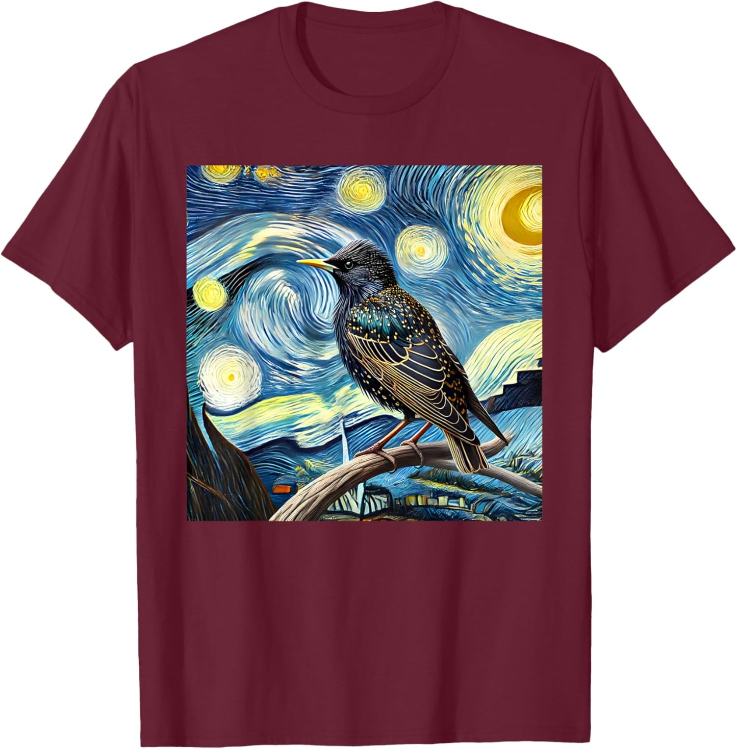 Common Starling Lover Bird Watching Birding Starry Night Art T-Shirt - T-Shirt | Maroon