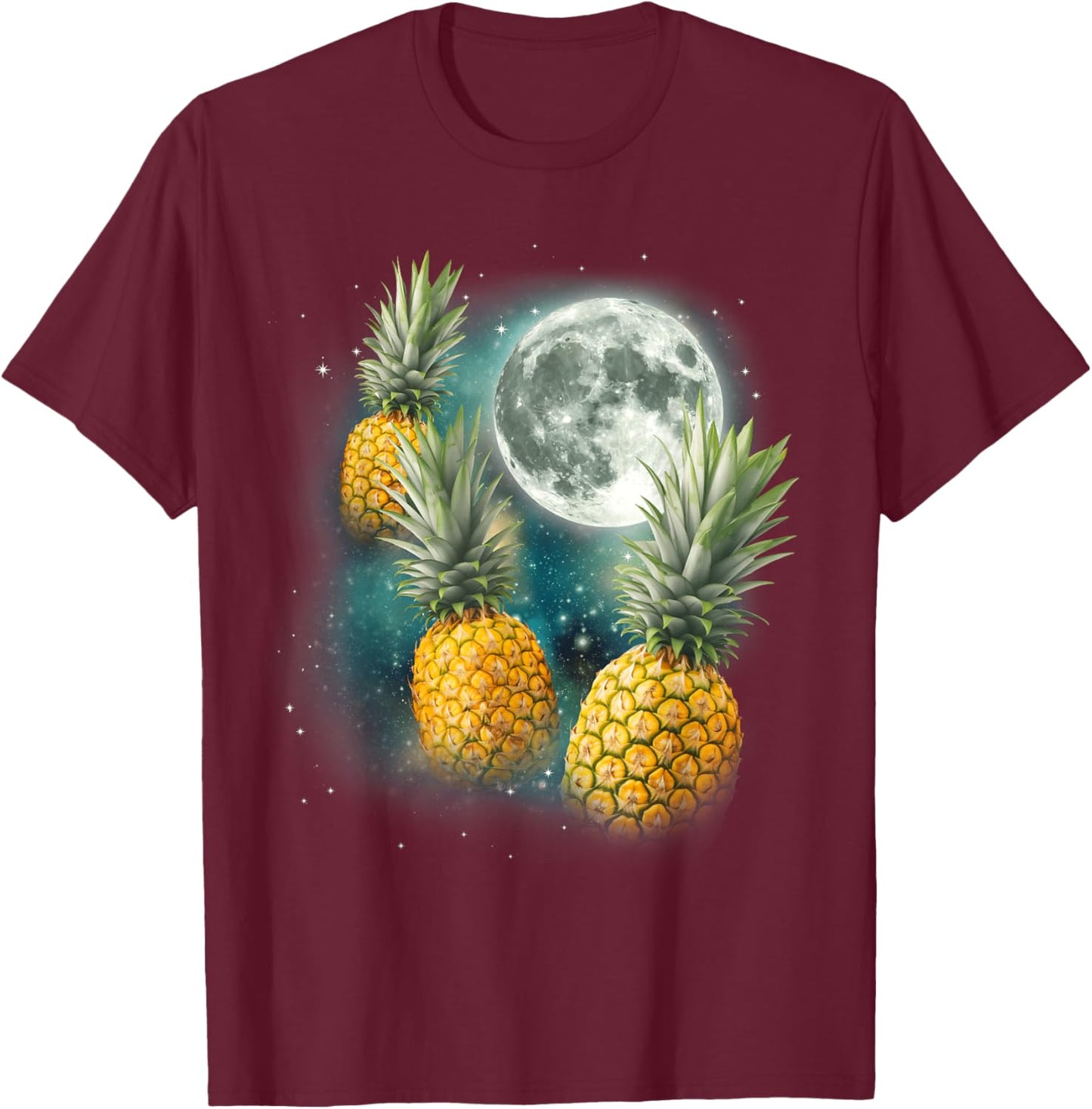Three Pineapple Moon | Funny Tropical Fruit Cursed Meme T-Shirt - T-Shirt | Maroon