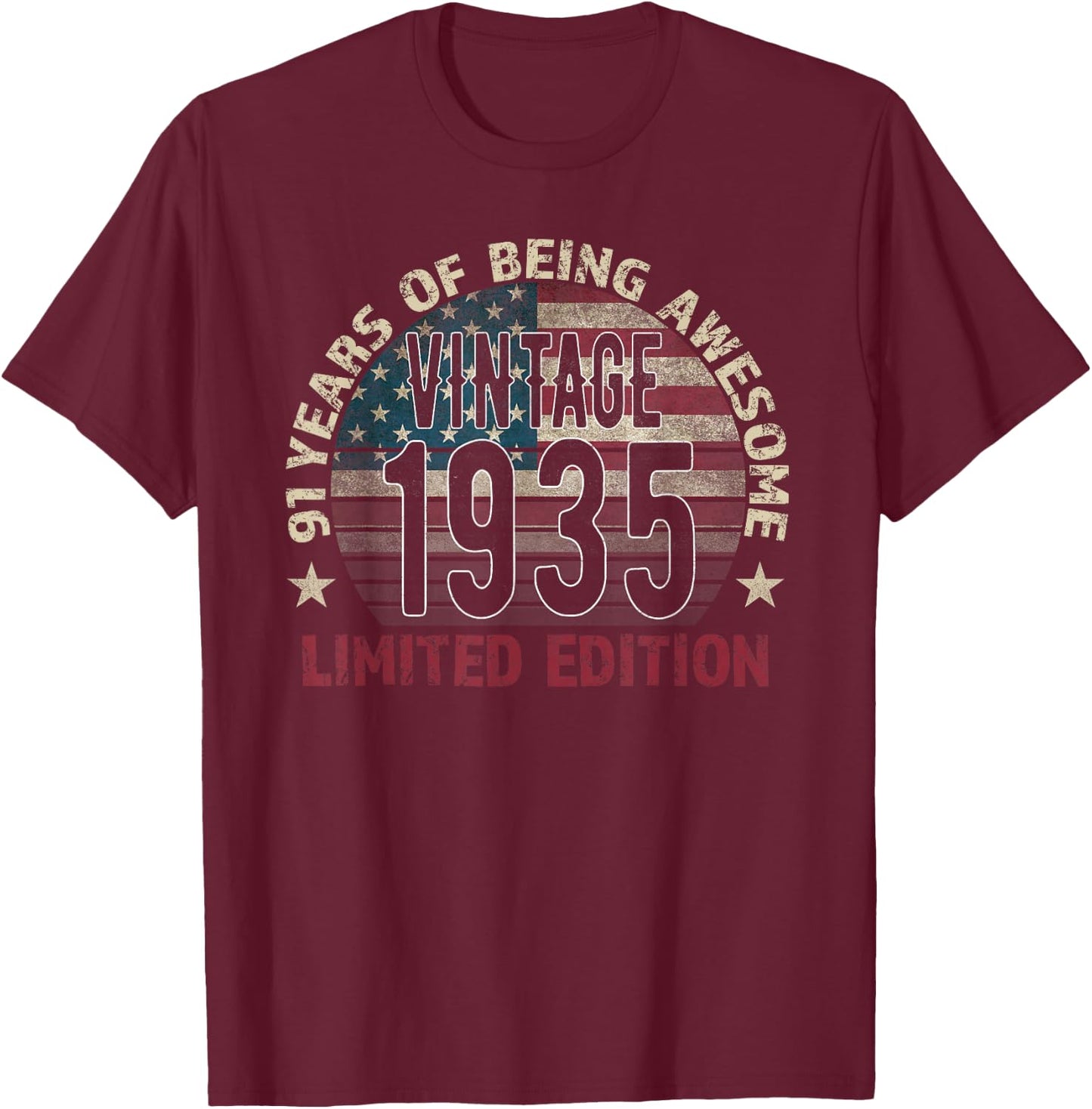 91th Birthday Gift Men Vintage Born 1935 Turning 91 Year Old T-Shirt - T-Shirt | Maroon
