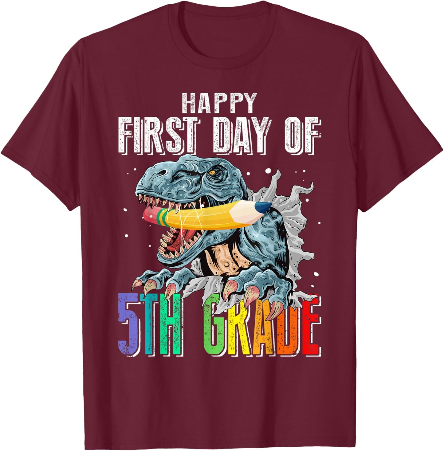 Happy First Day Of 5th Grade Dinosaur Back To School T-Shirt - T-Shirt | Maroon