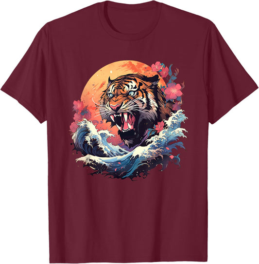 Asian inspired vintage style 80s retro Japanese Tiger T-Shirt - T-Shirt | Maroon
