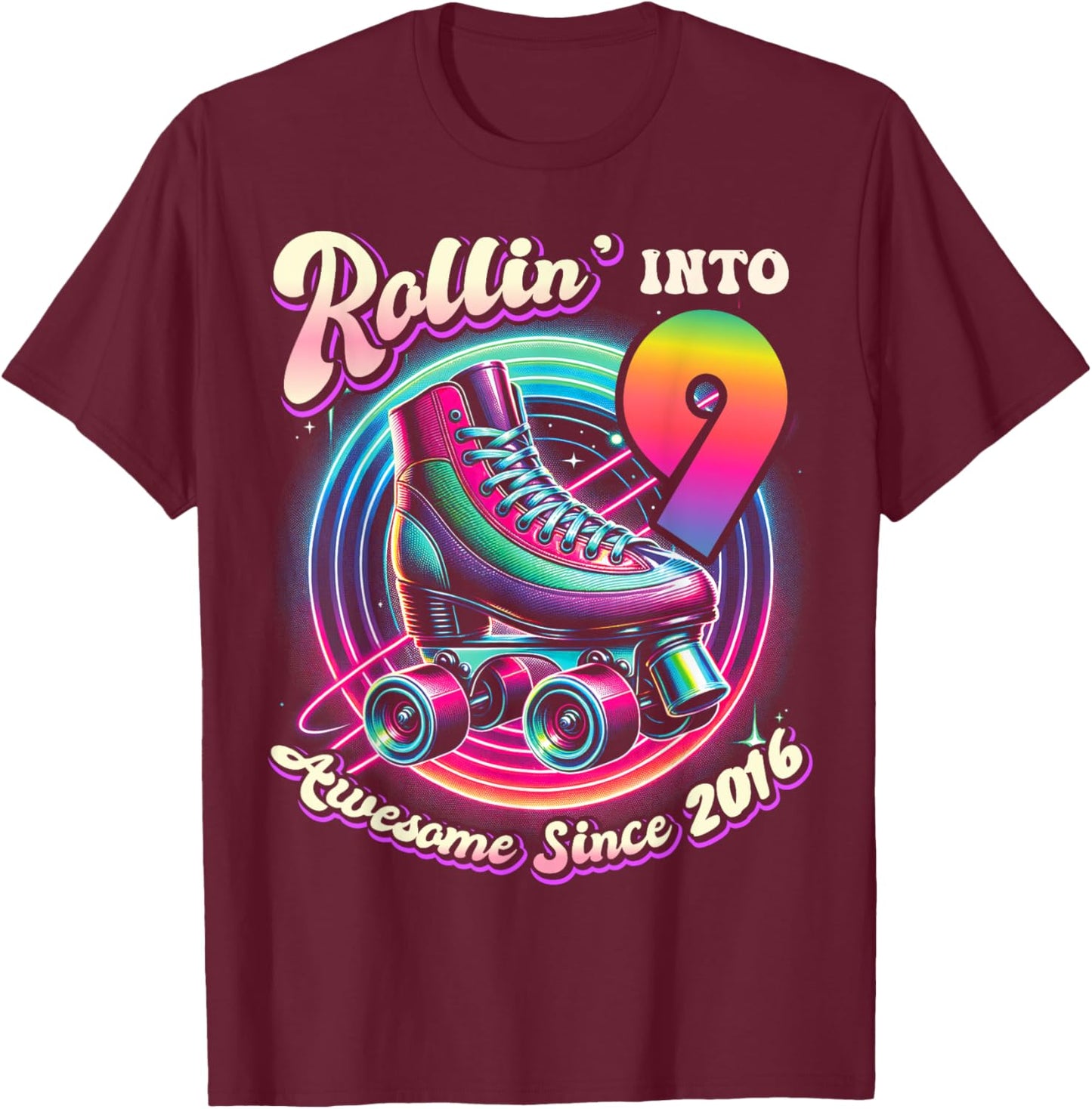 Birthday Roller Skating 9th Girls Rollin into 9 Skate Party T-Shirt - T-Shirt | Maroon