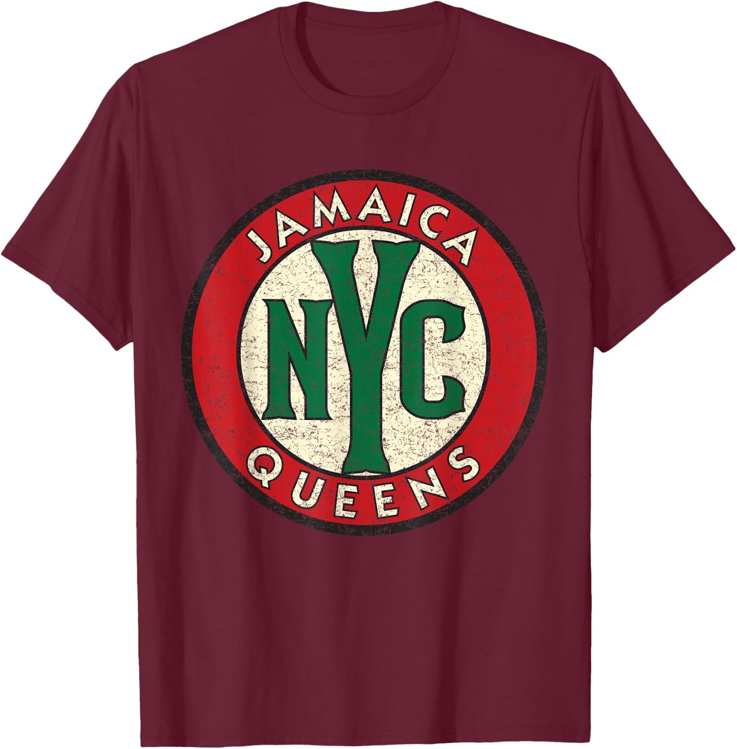Jamaica Queens NYC Circle Sign Distressed Print T-Shirt - T-Shirt | Maroon