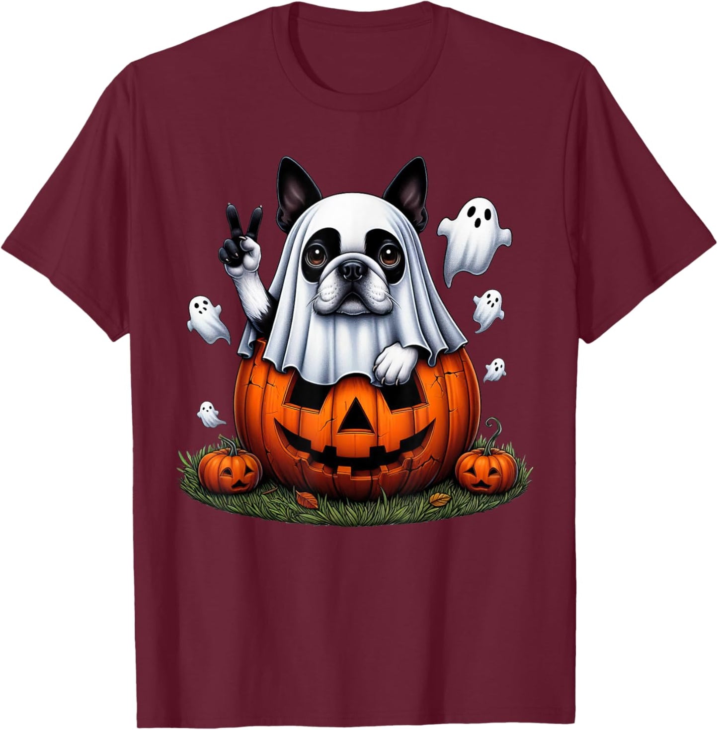 Funny Boston Terrier Ghost Boo Halloween Kids T-Shirt - T-Shirt | Maroon