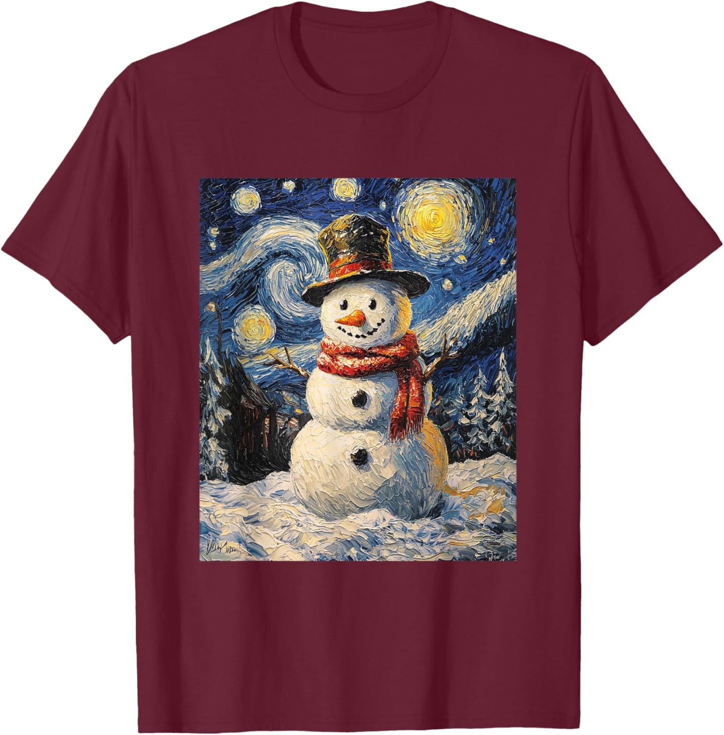 Snowman - Van Gogh Style - Starry Night - Funny Graphic T-Shirt - T-Shirt | Maroon