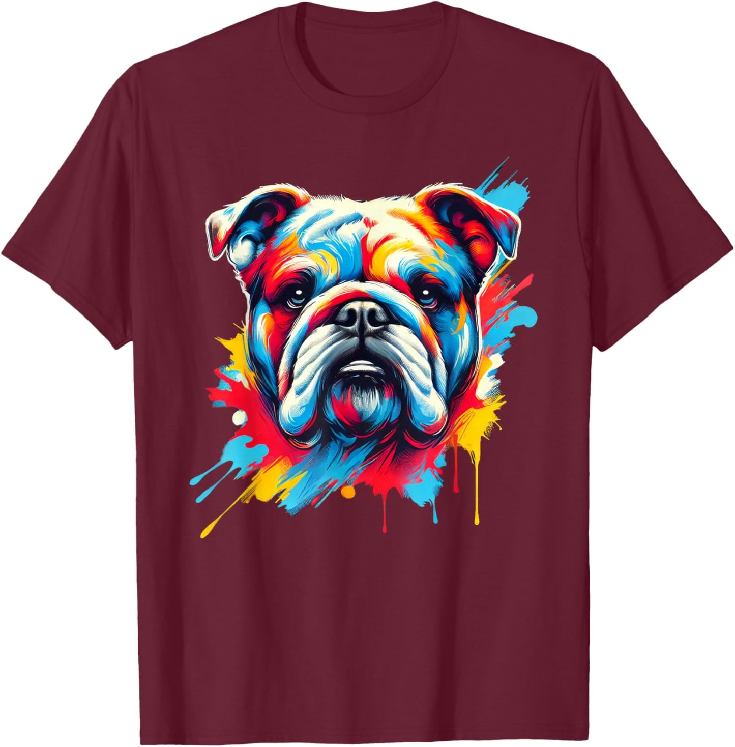 Colorful English Bulldog Dog Painting T-Shirt - T-Shirt | Maroon