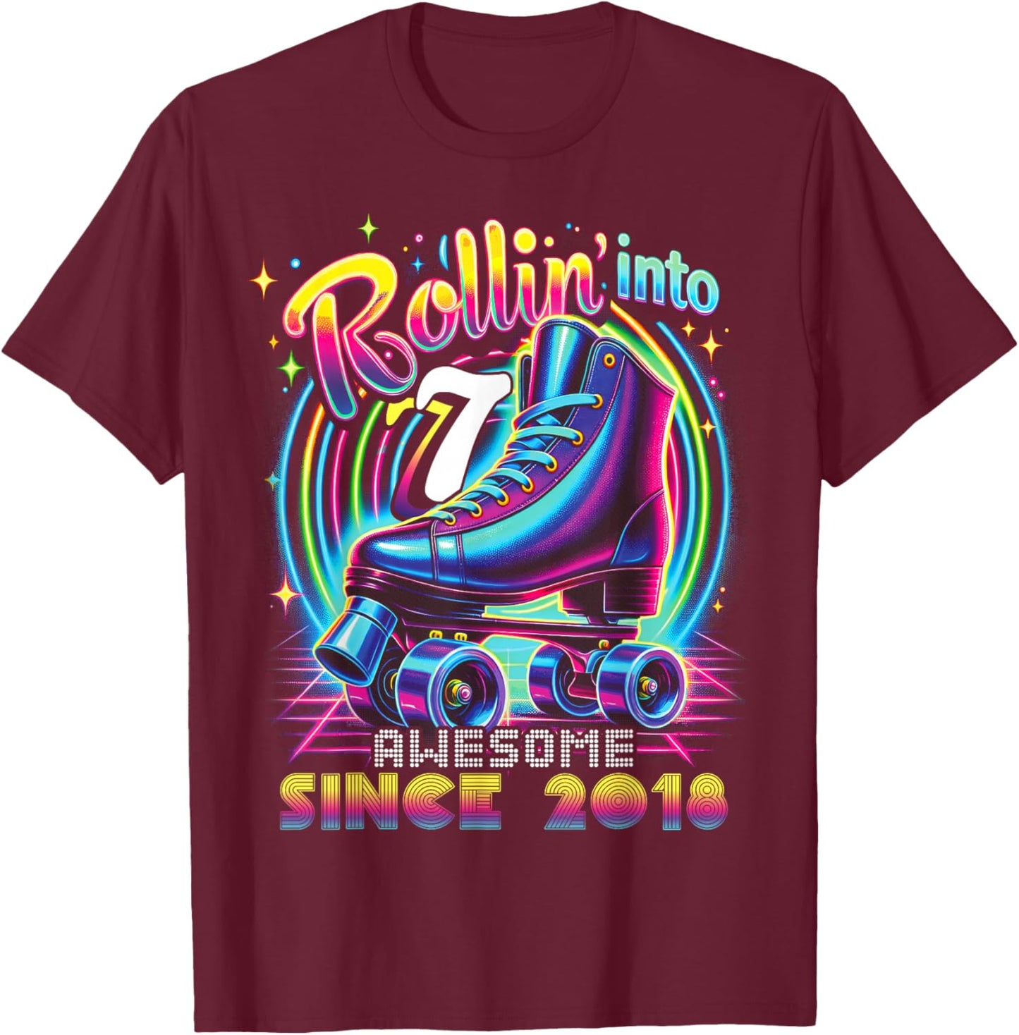 Birthday Roller Skating 7th Girls Rollin into 7 Skate Party T-Shirt - T-Shirt | Maroon