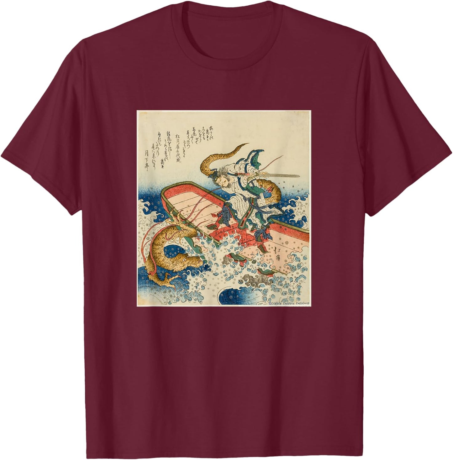 Vintage Japanese Art of Man Fighting Dragon - Japanese T-Shirt - T-Shirt | Maroon