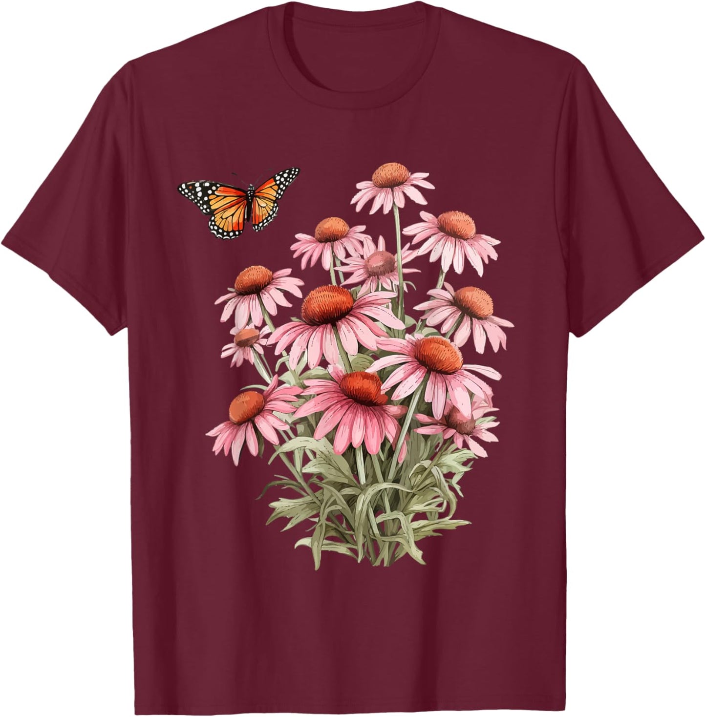 Echinacea Cone Flower Monarch Butterfly Pollinator Habitat T-Shirt - T-Shirt | Maroon