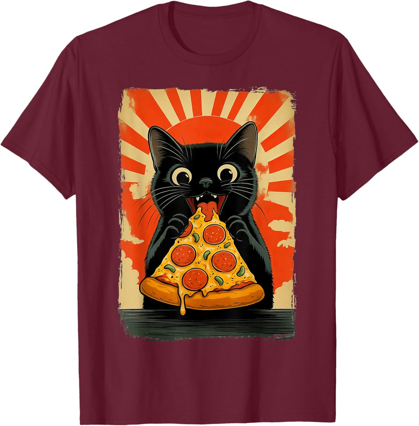 Cat Eating Pizza T-Shirt - T-Shirt | Maroon