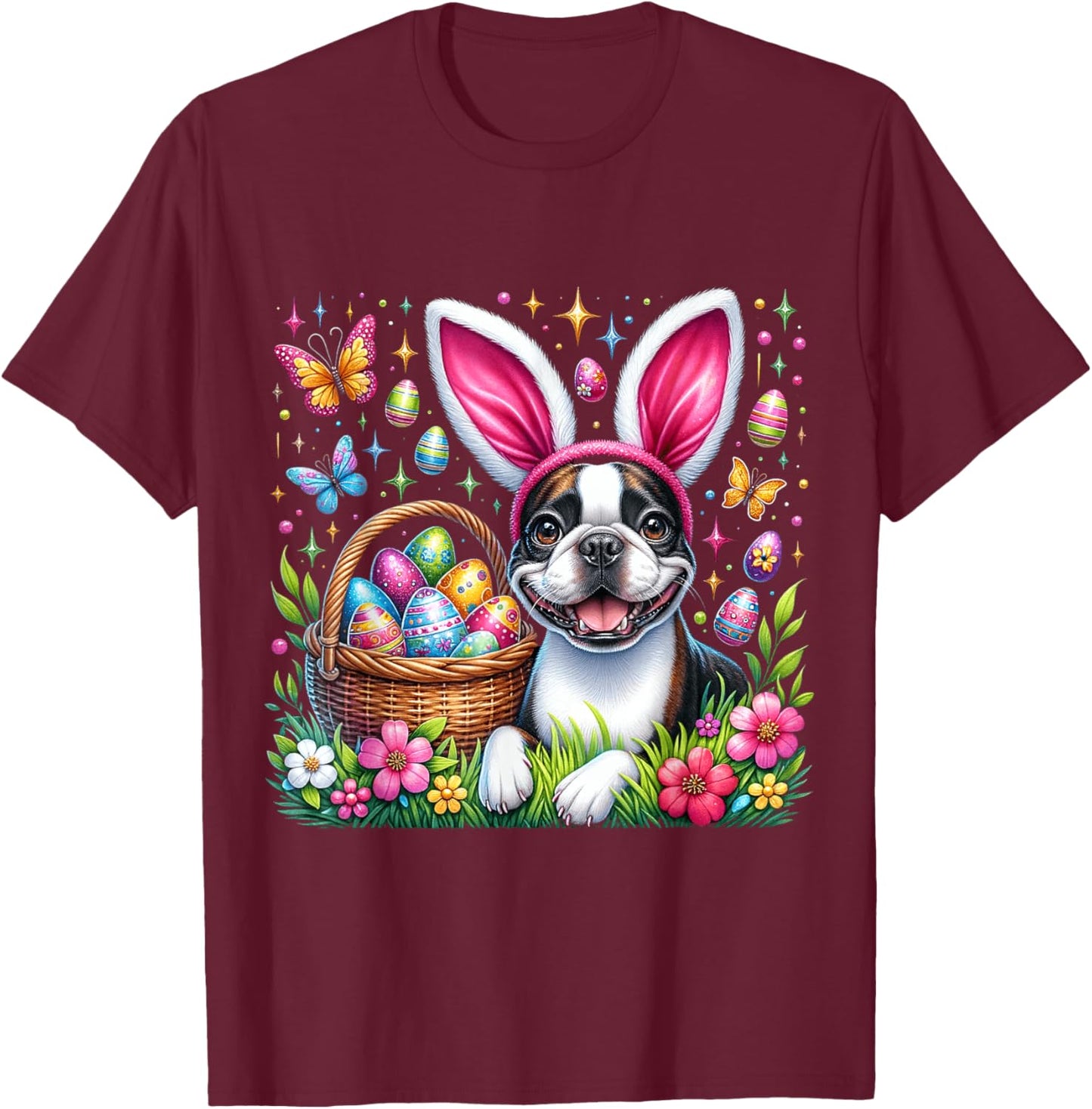 Cute Bunny Boston Terrier Dog Easter Eggs Basket Easter Day T-Shirt - T-Shirt | Maroon