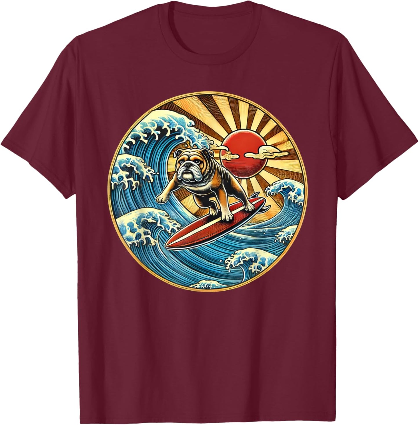 English Bulldog Dog Surfing Surfer T-Shirt - T-Shirt | Maroon