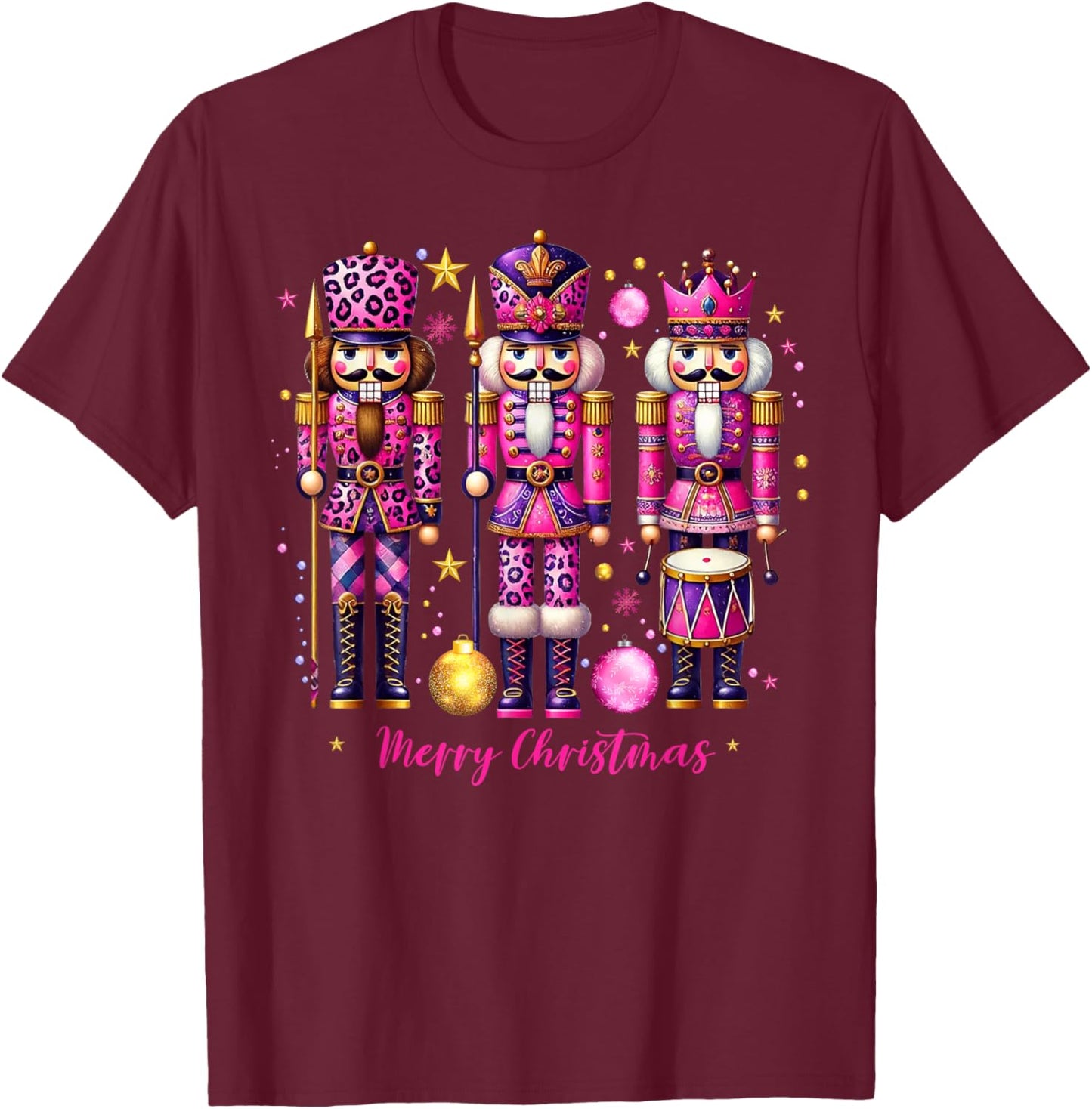 Leopard Nutcracker Pink Christmas 2024 Xmas Pajamas Matching T-Shirt - T-Shirt | Maroon