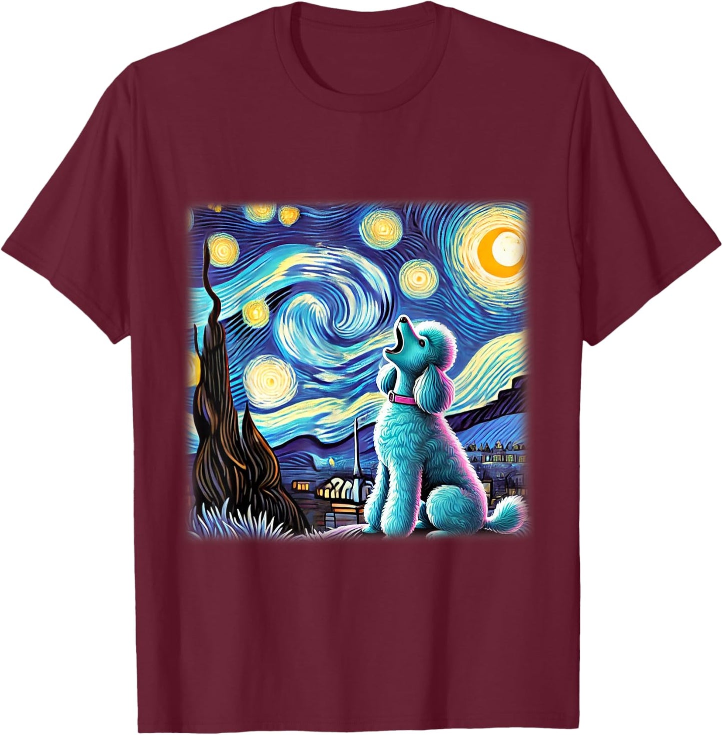 Poodle Starry Night Shirt Van Gogh Painting Poodle Dog Lover Men Women Kids T-Shirt - T-Shirt | Maroon