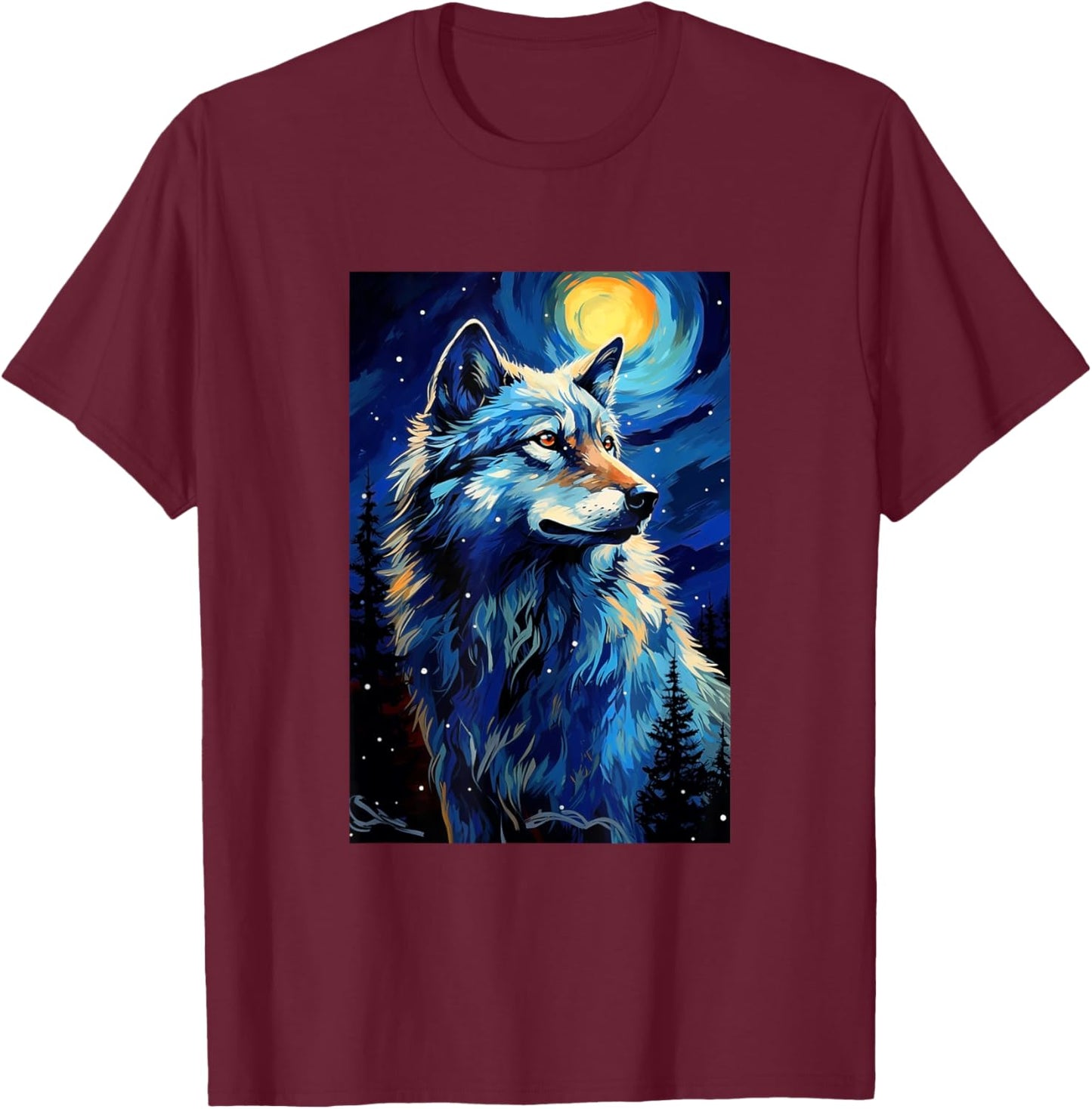 Wolf Wolves - Van Gogh Style - Starry Night T-Shirt - T-Shirt | Maroon