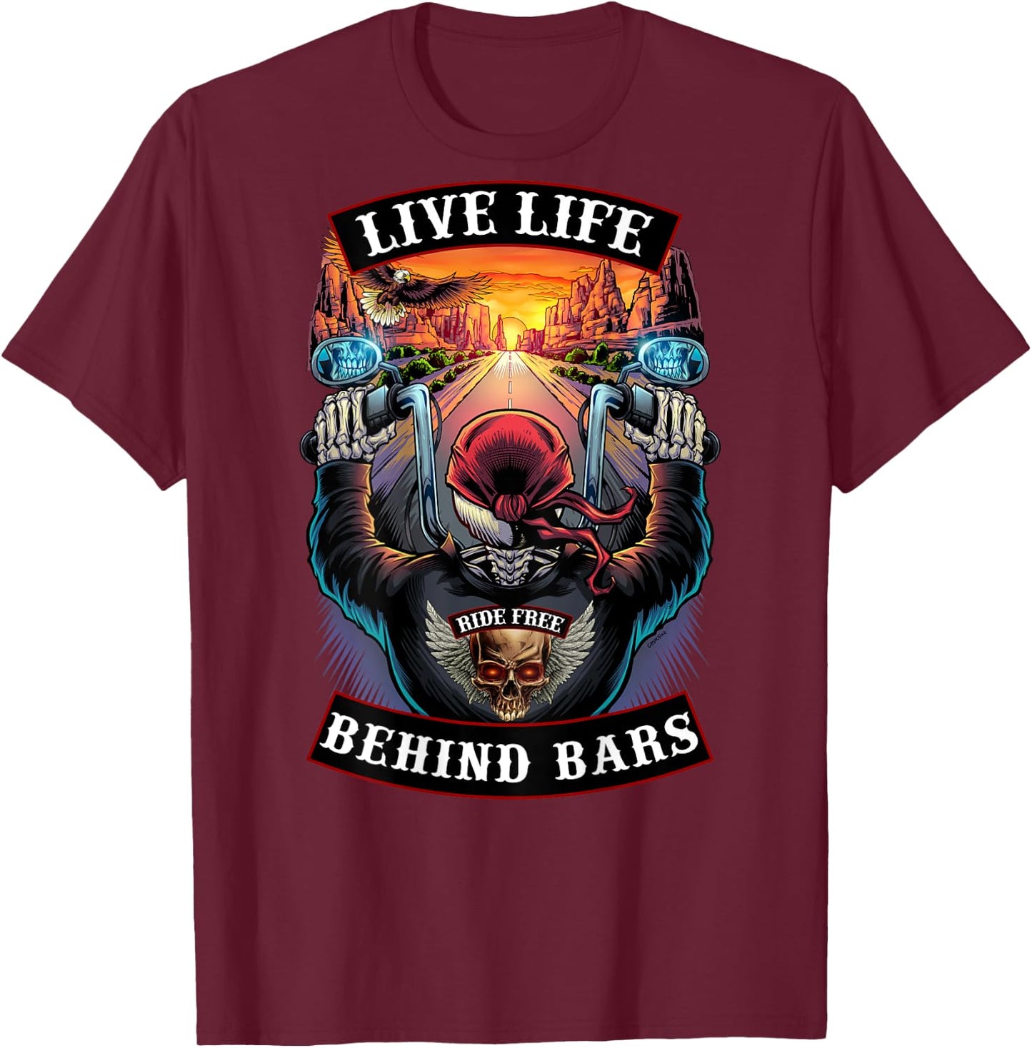 Live Life Behind Bars Motorcycle Biker Skull T-Shirt - T-Shirt | Maroon