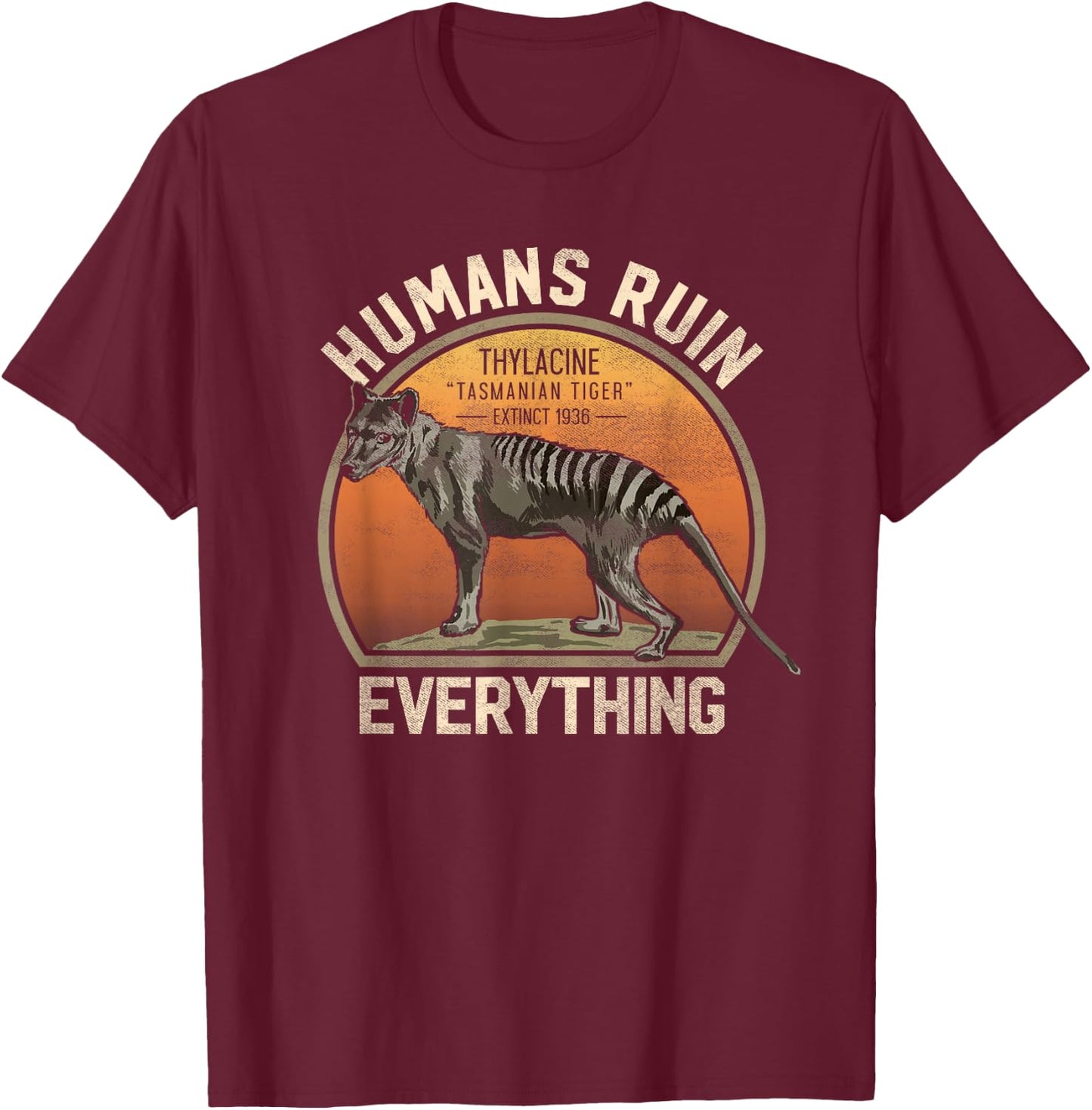 Tasmanian Tiger Thylacine T Shirt Wolf Australian Extinct T-Shirt - T-Shirt | Maroon