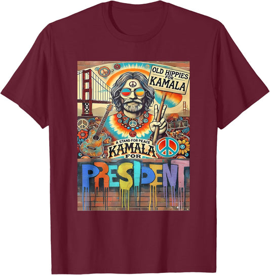 Old Hippies for Kamala 2024 Peace & Love Campaign T-Shirt - T-Shirt | Maroon