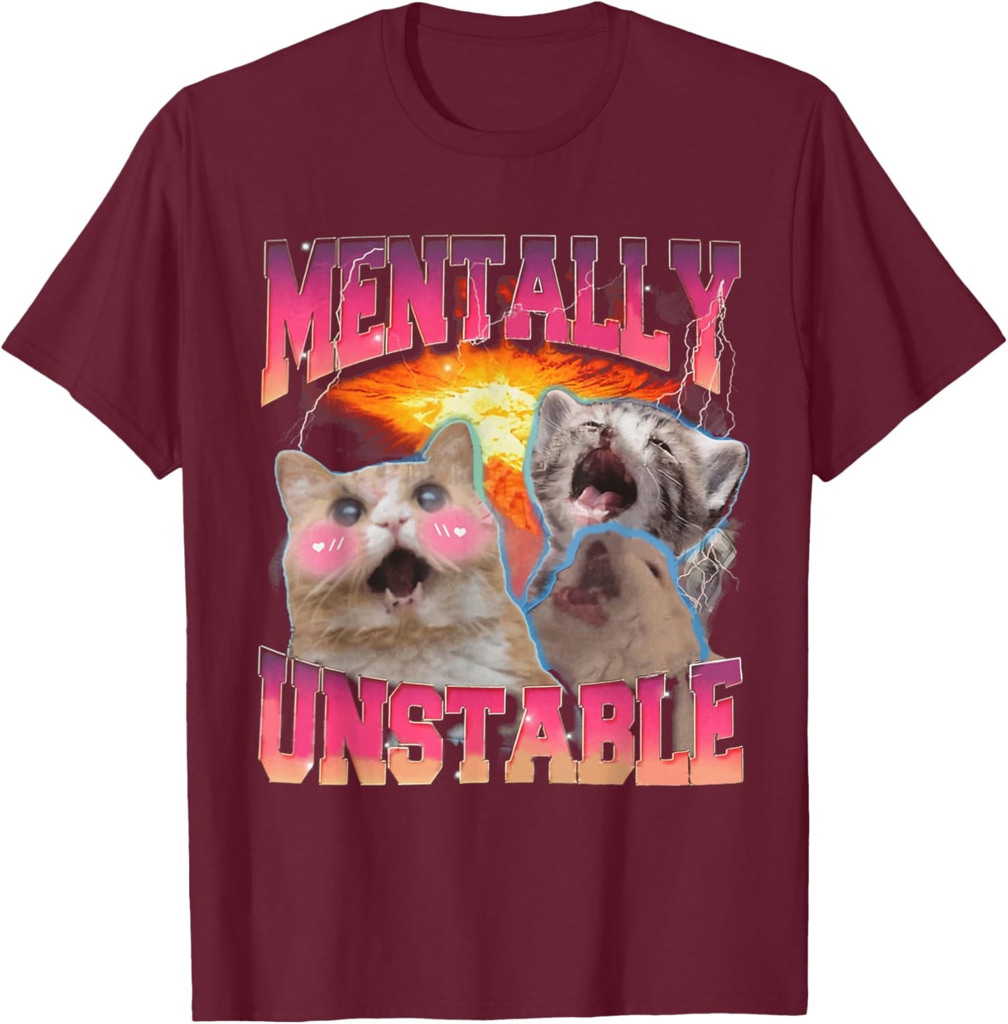 Mentally Unstable Cat Meme Shirt, Funny Cat Meme T-Shirt - T-Shirt | Maroon