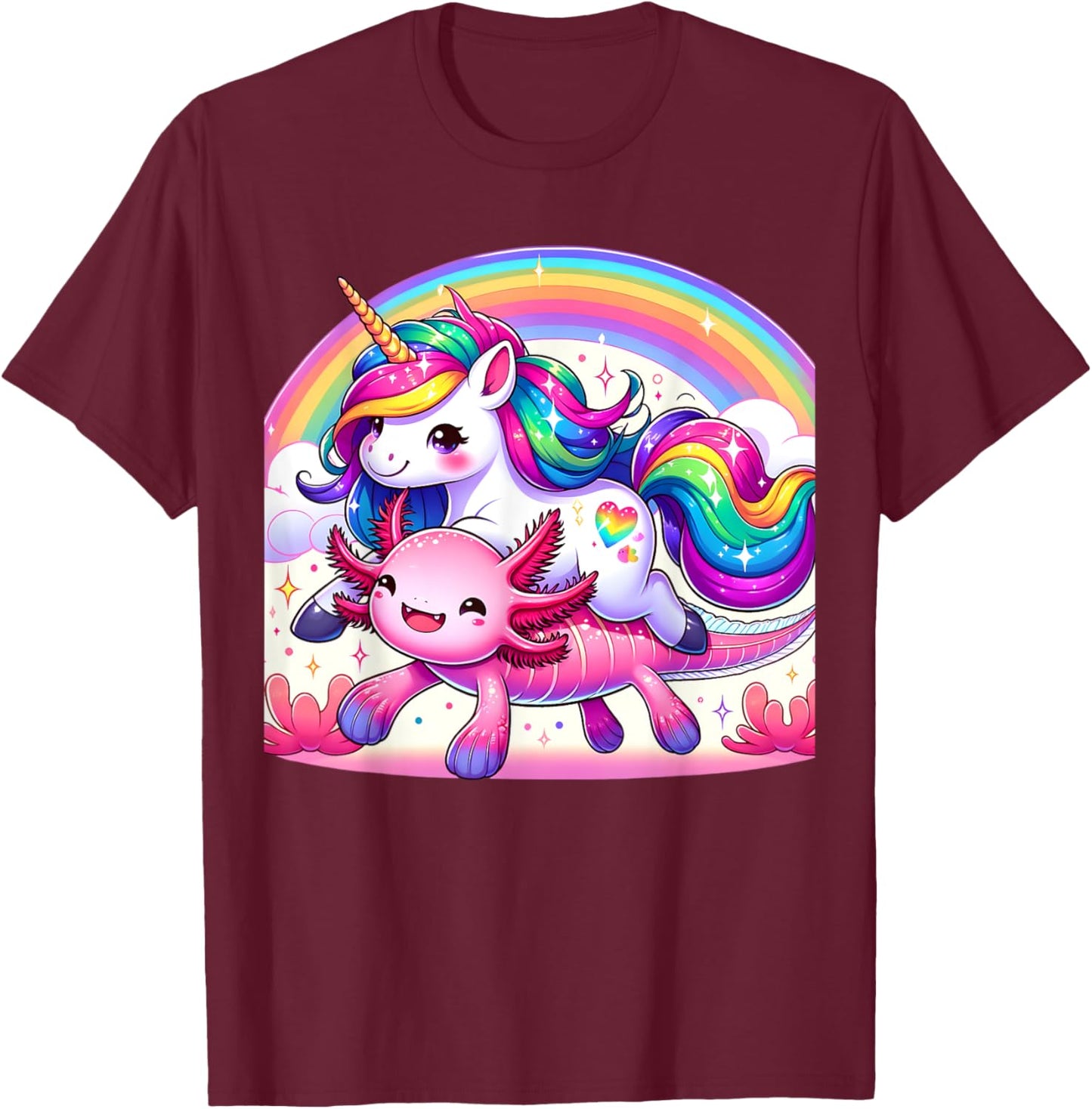 Unicorn Riding Axolotl Kawaii Kids Girls Boys Men Rainbow T-Shirt - T-Shirt | Maroon