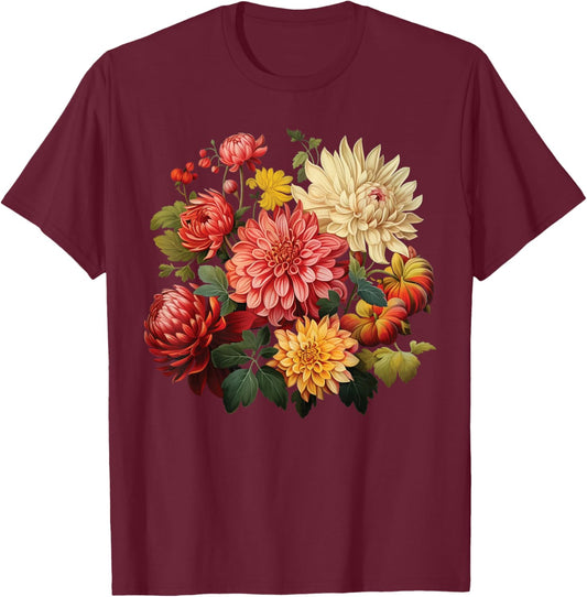 Vintage Dahlia Flower Graphic T-Shirt - T-Shirt | Maroon