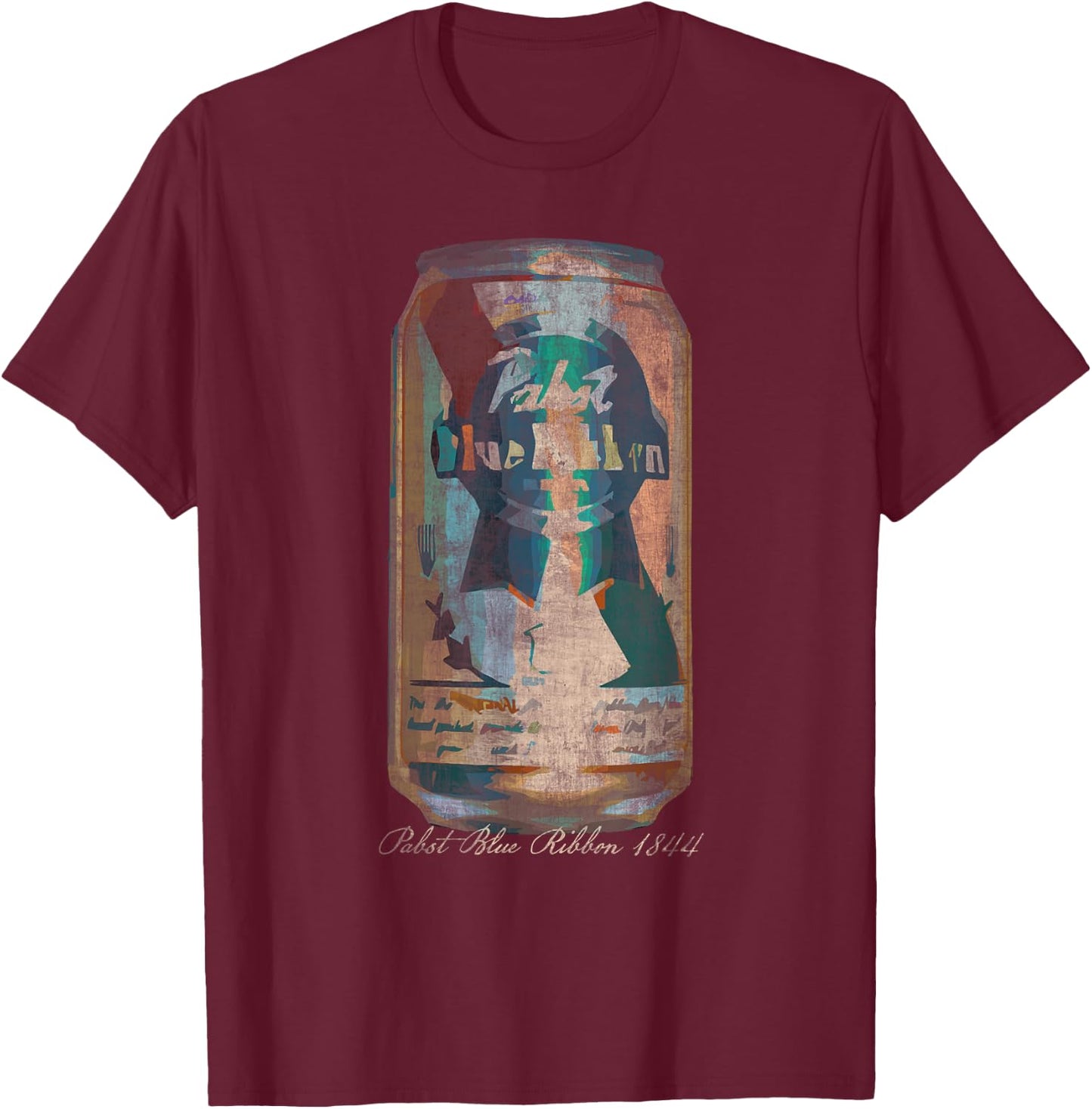 Pabst Blue Ribbon -Adults Painted Artwork PBR Beer Can , Black, Small, Short Sleeve, Classic Fit, Machine-Washable, Soft Fabric T-Shirt - T-Shirt | Maroon
