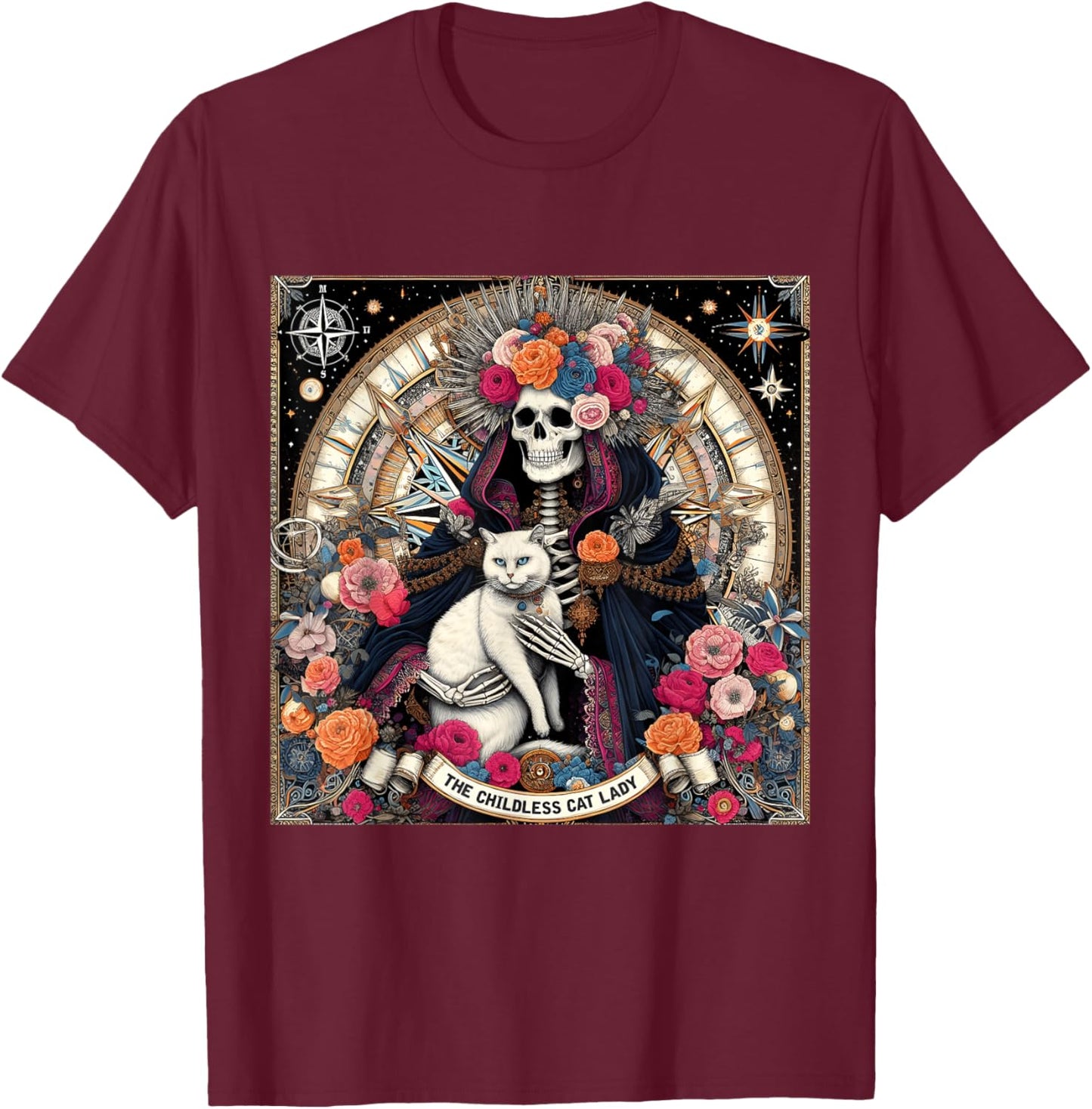 Childless Cat Lady Tarot Card Shirt Skeleton Cat Mom Mama T-Shirt - T-Shirt | Maroon