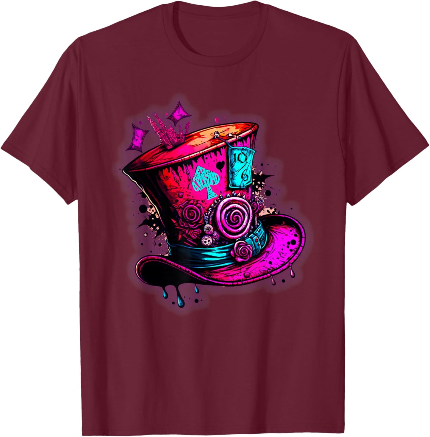 We're All Mad Here Pink Steampunk Alice in Wonderland Hat T-Shirt - T-Shirt | Maroon