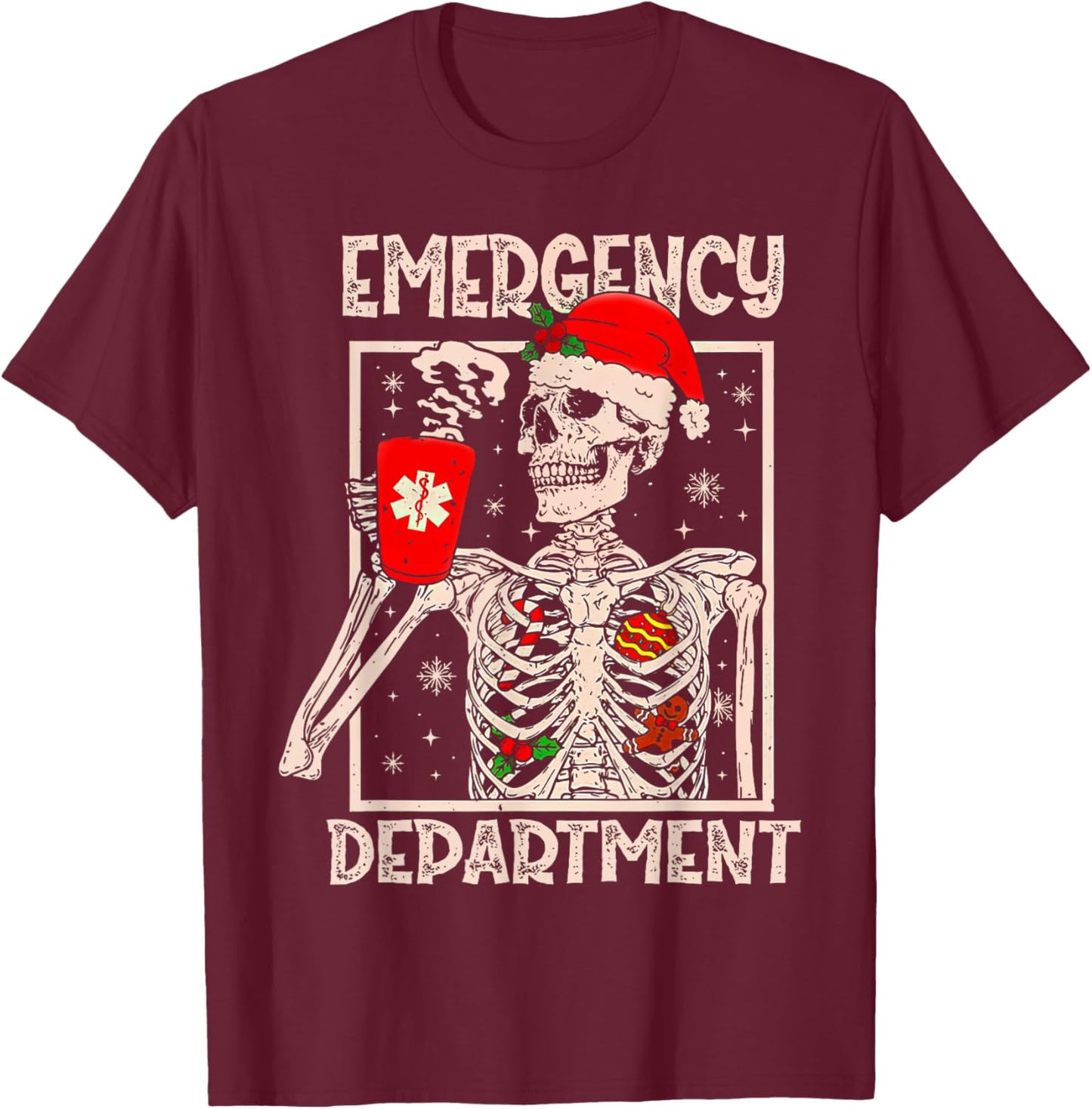 Emergency Department Skeleton Coffee ER Nurse Christmas T-Shirt - T-Shirt | Maroon