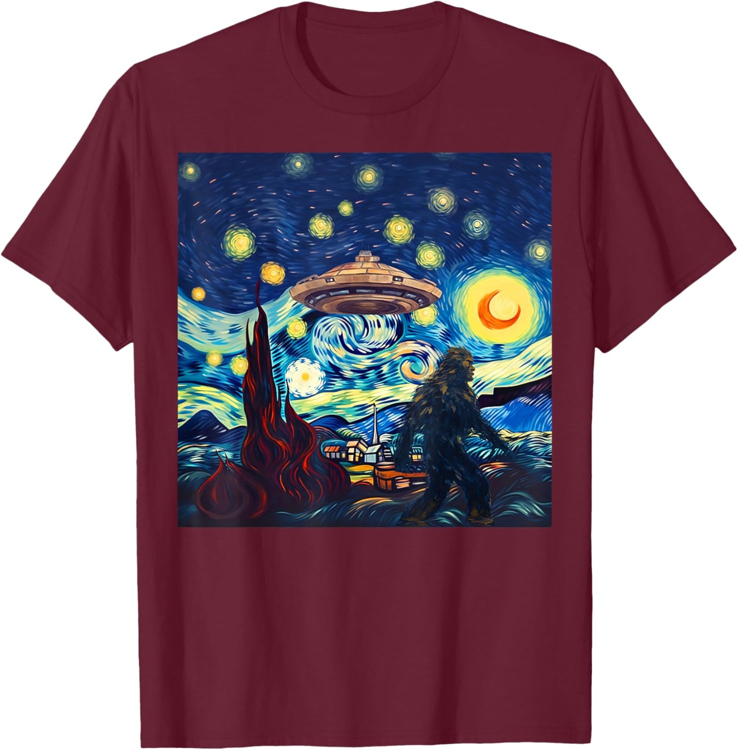 Funny UFO Bigfoot Starry Night Alien Art Hiking Yeti Camping T-Shirt - T-Shirt | Maroon