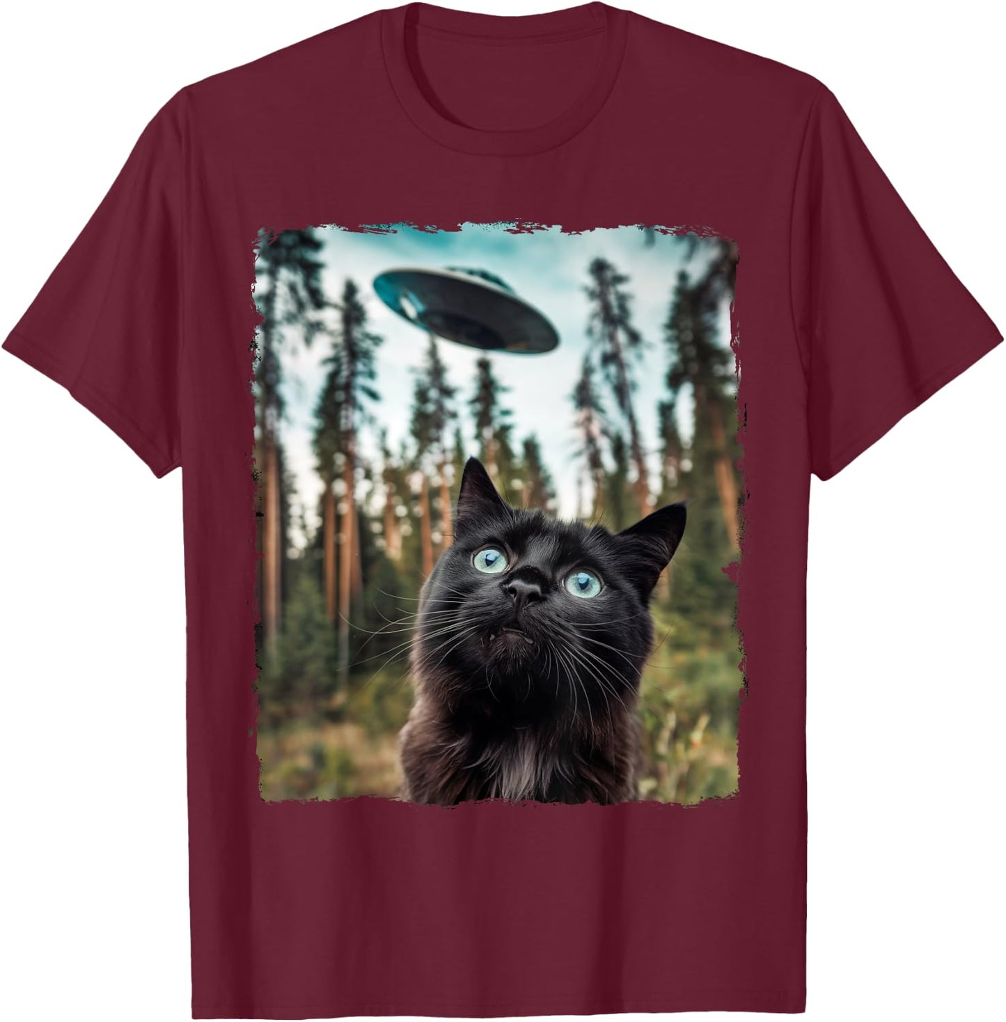 Black Cat Selfie With Alien UFO Cat Gifts Women Kid T-Shirt - T-Shirt | Maroon