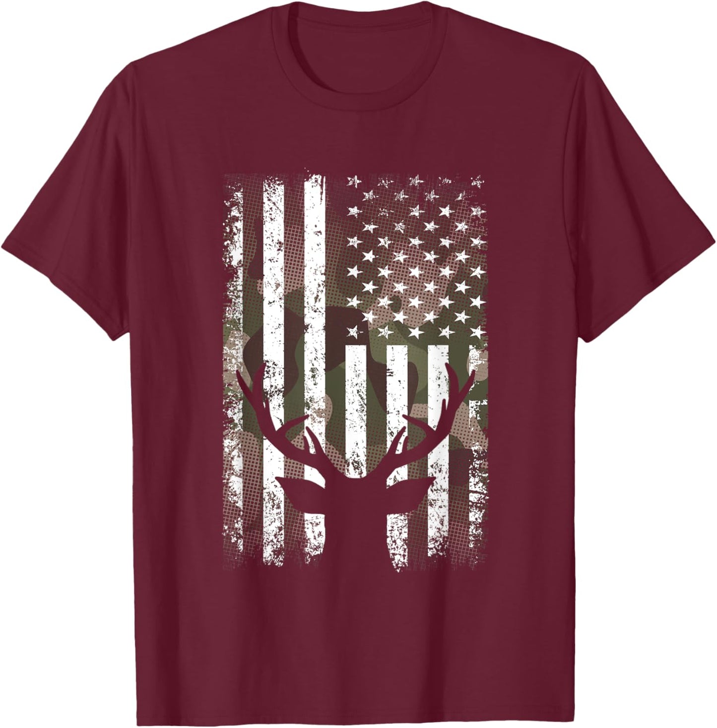 American Flag Camouflage Outdoor Antlers Elk Deer T-Shirt - T-Shirt | Maroon