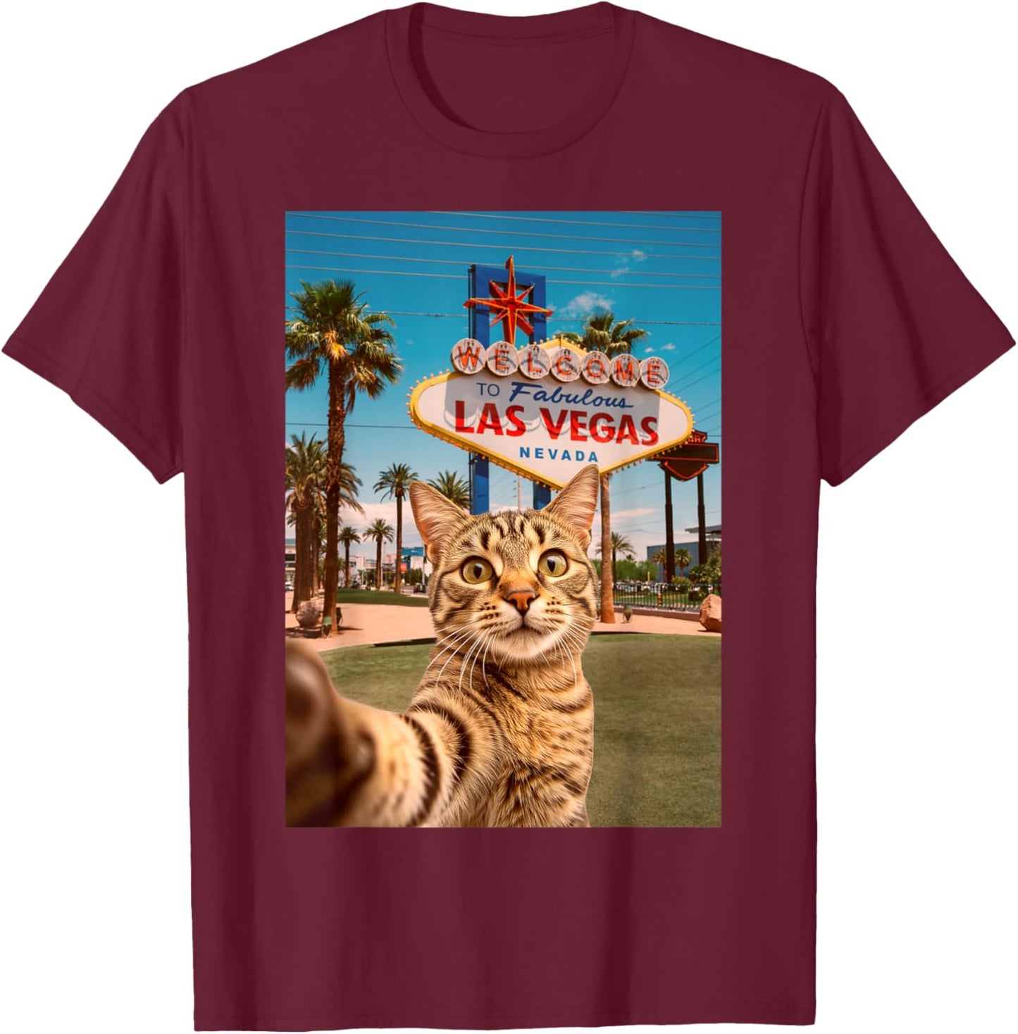 Funny Cat Selfie Las Vegas T-Shirt - T-Shirt | Maroon