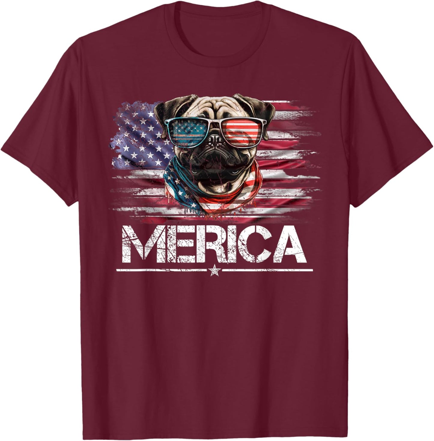 Vintage Pug Dog, Merica Pug Dog USA Flag Funny Women Kids Men T-Shirt - T-Shirt | Maroon
