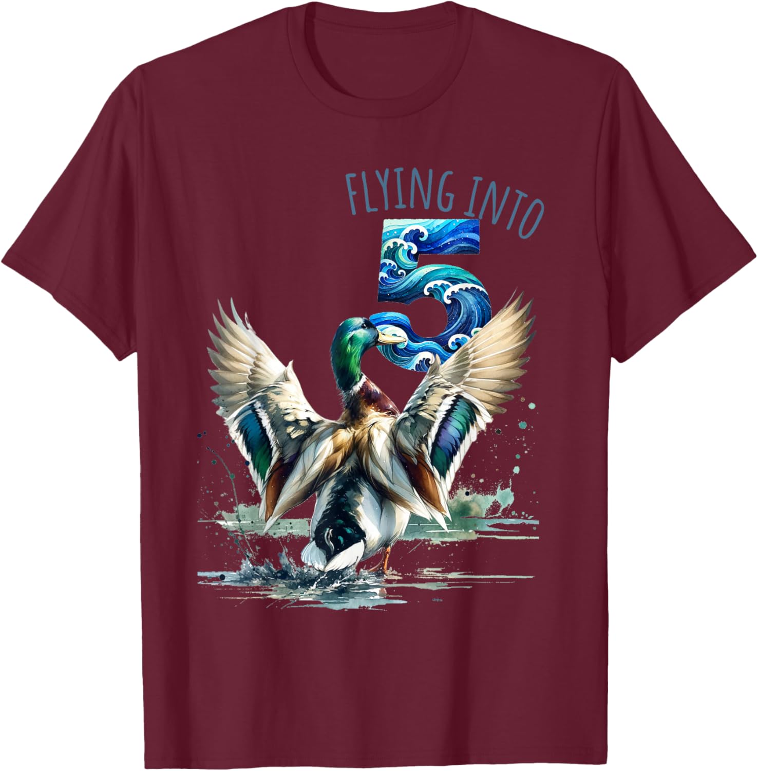 Flying into 5 Duck Hunting 5th Birthday Party 5 Year Old T-Shirt - T-Shirt | Maroon